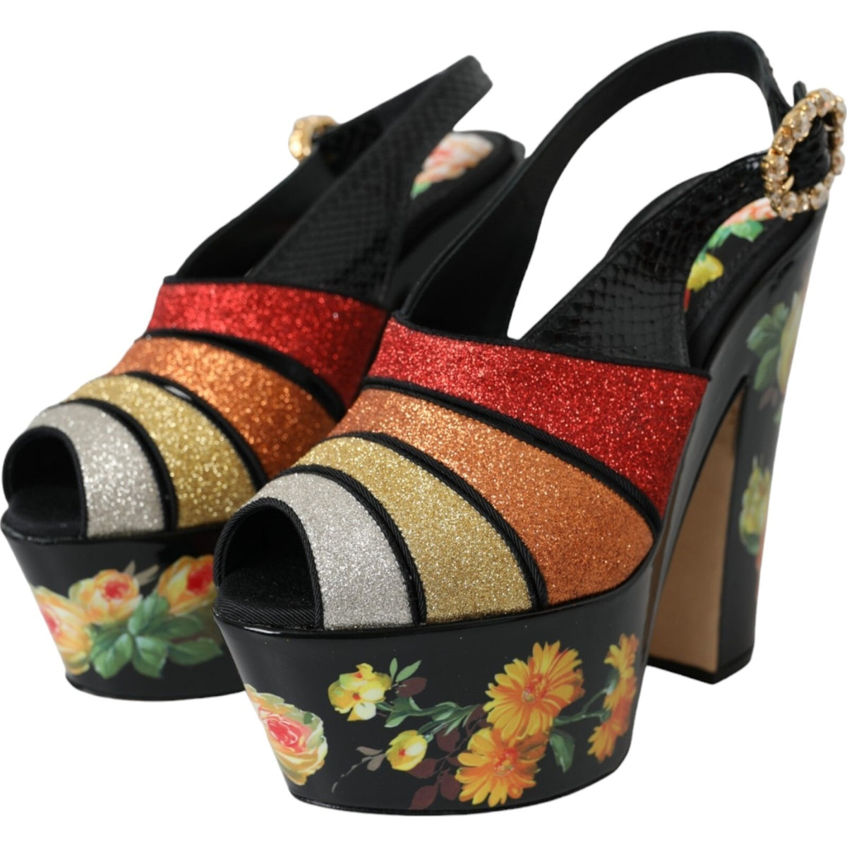 Dolce & Gabbana Multicolor Floral Crystal Platform Sandals Women's Shoes