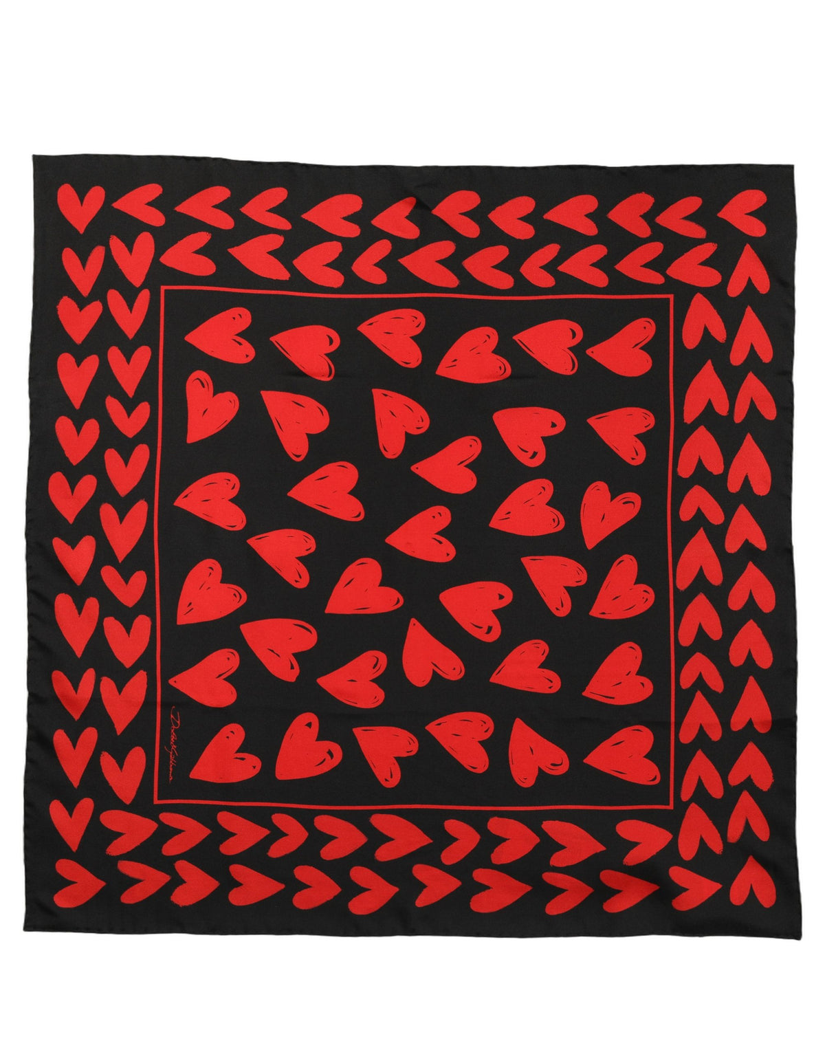 Dolce & Gabbana Black Red Silk Hearts Square Foulard Women's Scarf