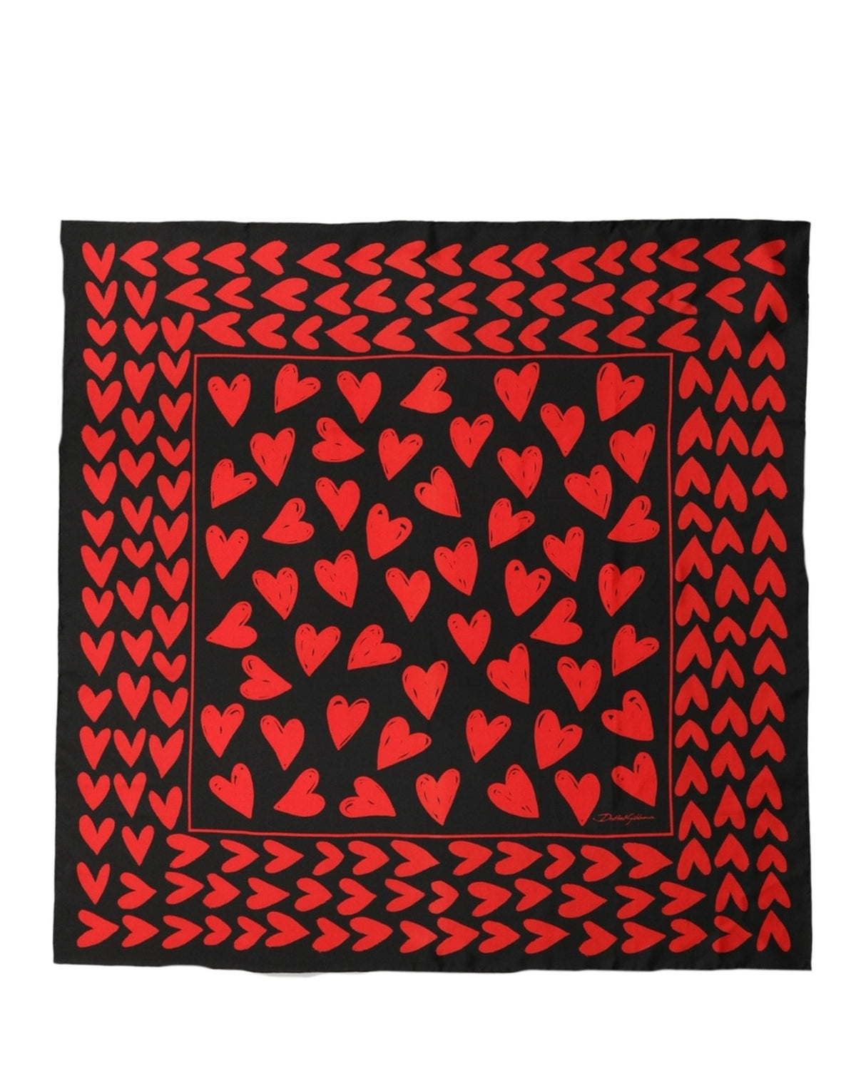 Dolce & Gabbana Black Red Silk Hearts Square Foulard Women's Scarf