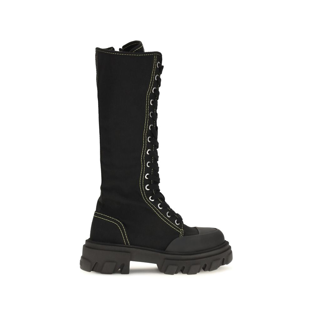 Ganni Black Cotton Lace-Up Women's Boots