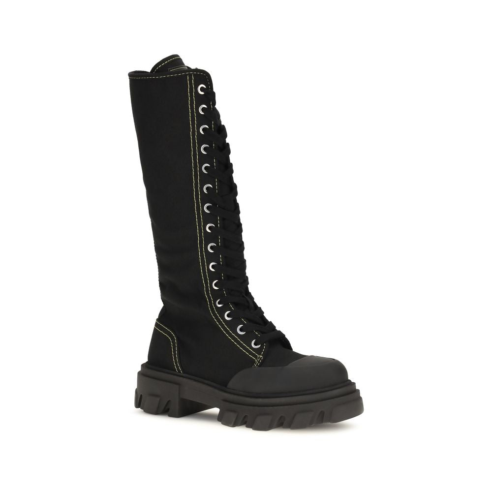 Ganni Black Cotton Lace-Up Women's Boots