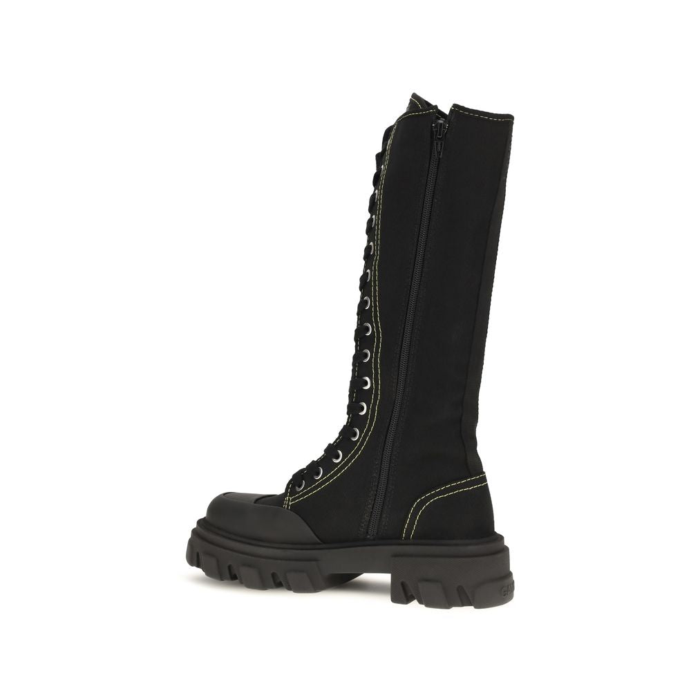 Ganni Black Cotton Lace-Up Women's Boots
