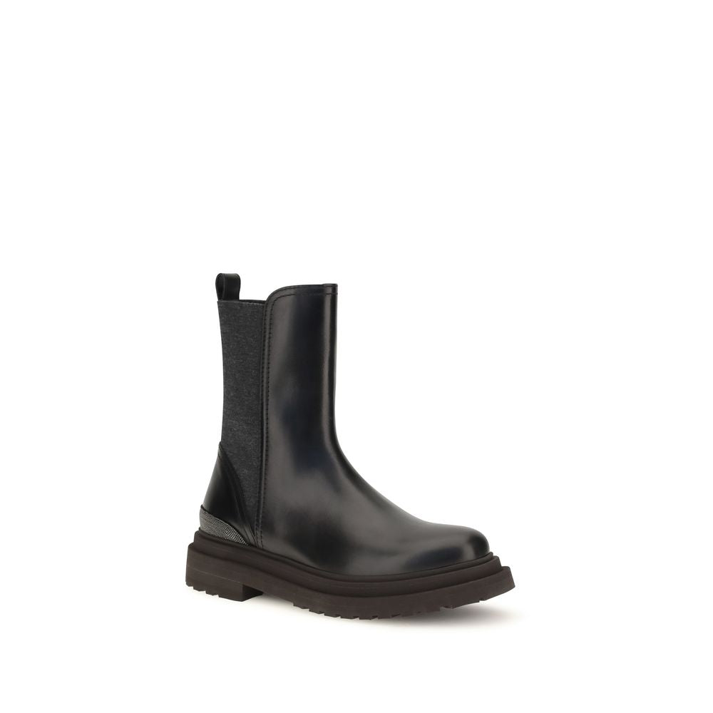 Brunello Cucinelli Black Calf Leather Bos Taurus Chelsea Women's Boots