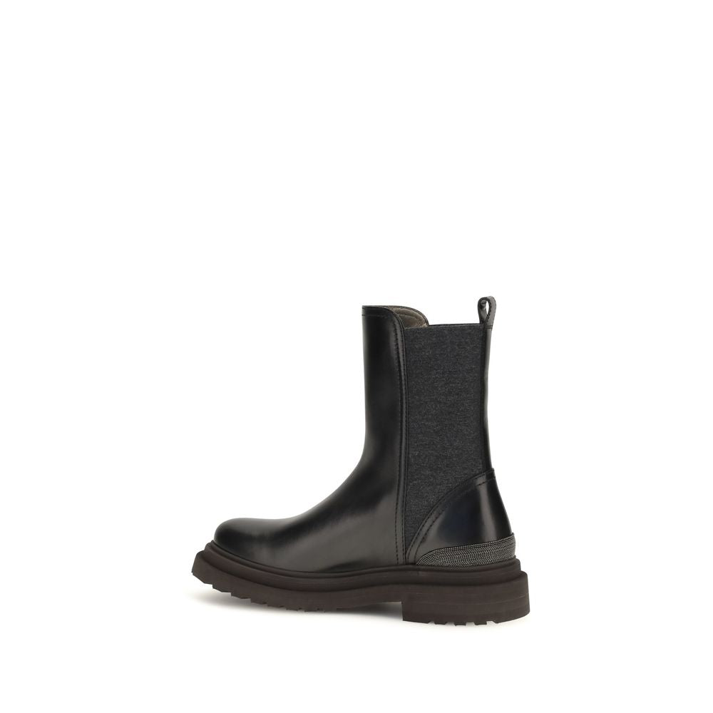 Brunello Cucinelli Black Calf Leather Bos Taurus Chelsea Women's Boots