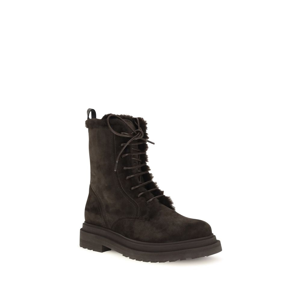 Brunello Cucinelli Black Calf Leather Bos Taurus Lace-Up Women's Boots