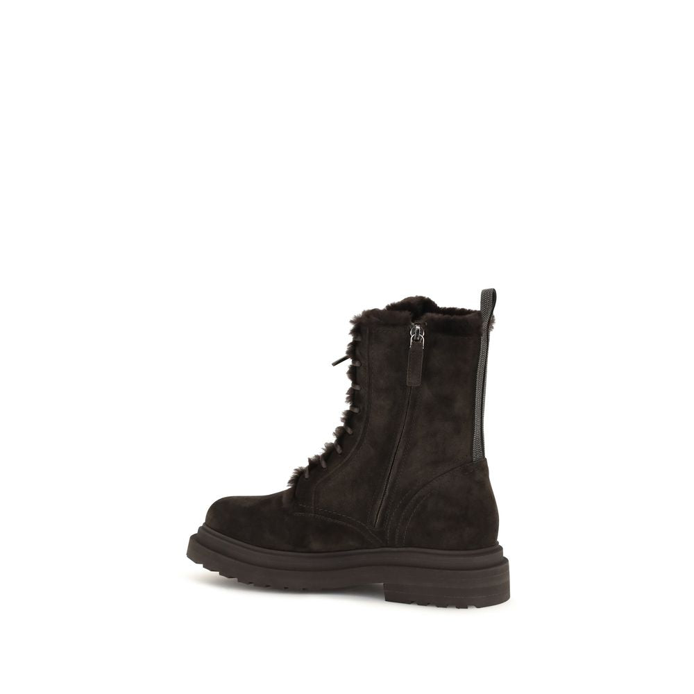 Brunello Cucinelli Black Calf Leather Bos Taurus Lace-Up Women's Boots