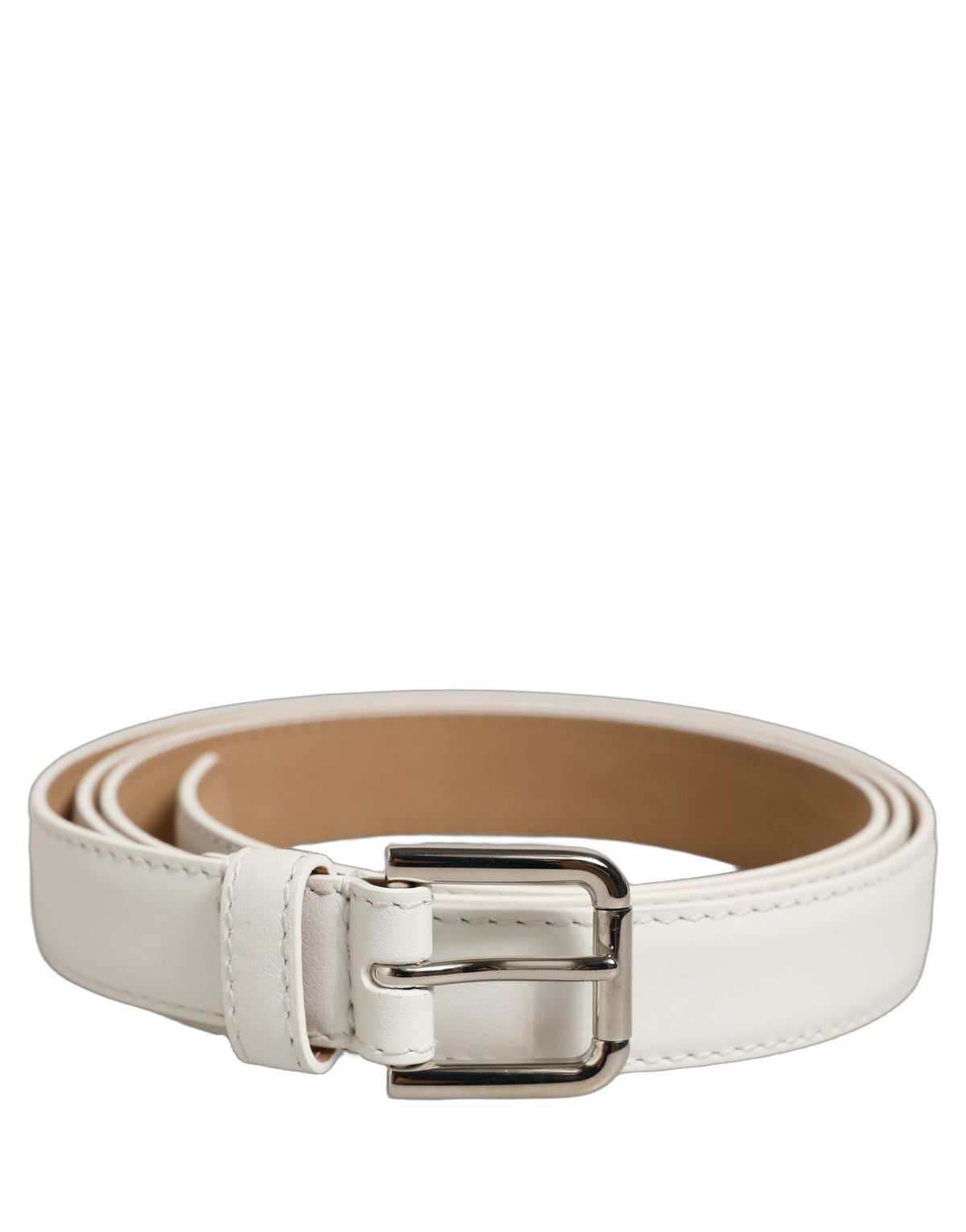 Dolce & Gabbana White Leather Silver Tone Metal Buckle Women's Belt