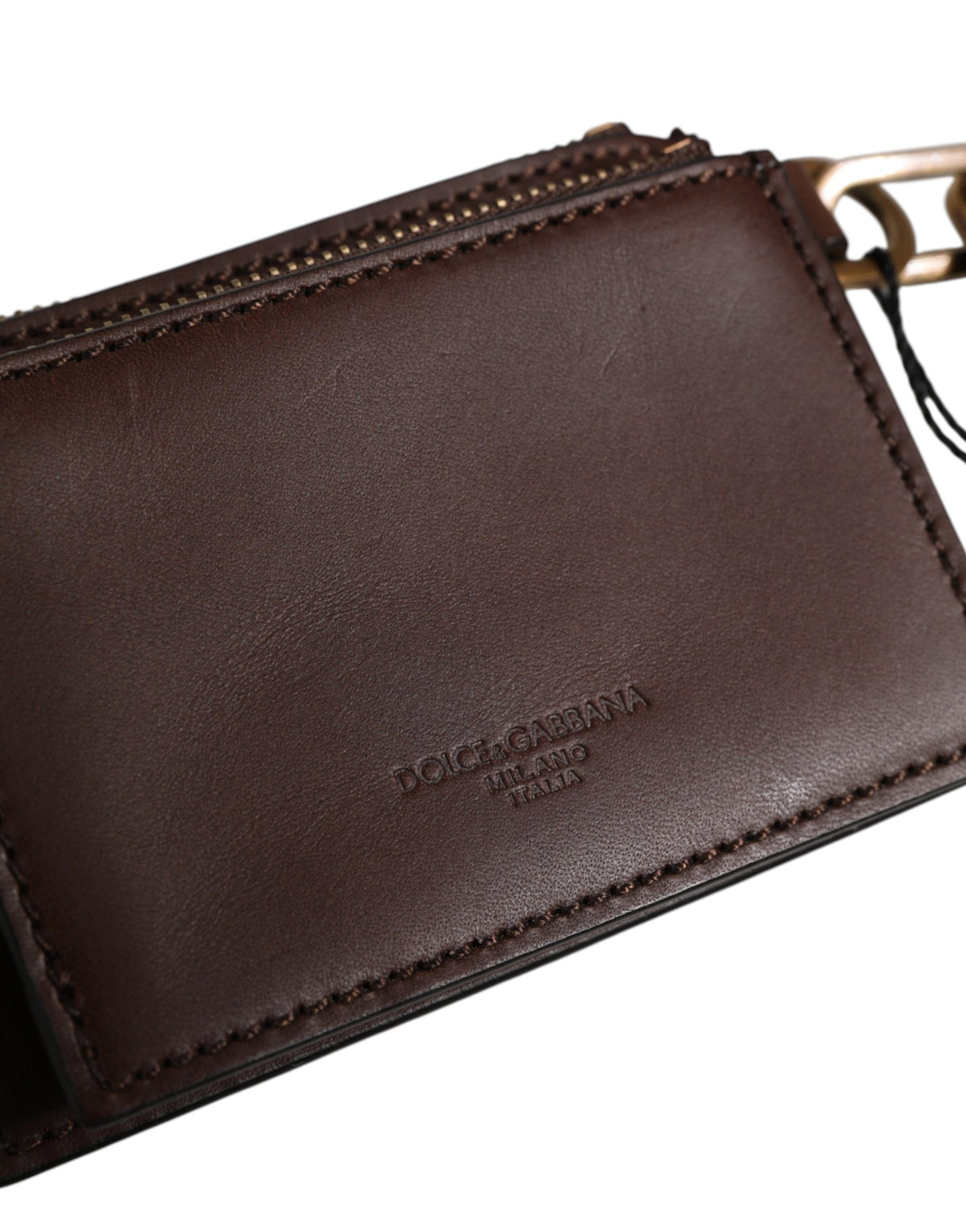 Dolce & Gabbana Brown Leather Logo Embossed Key Chain Coin Purse Women's Wallet