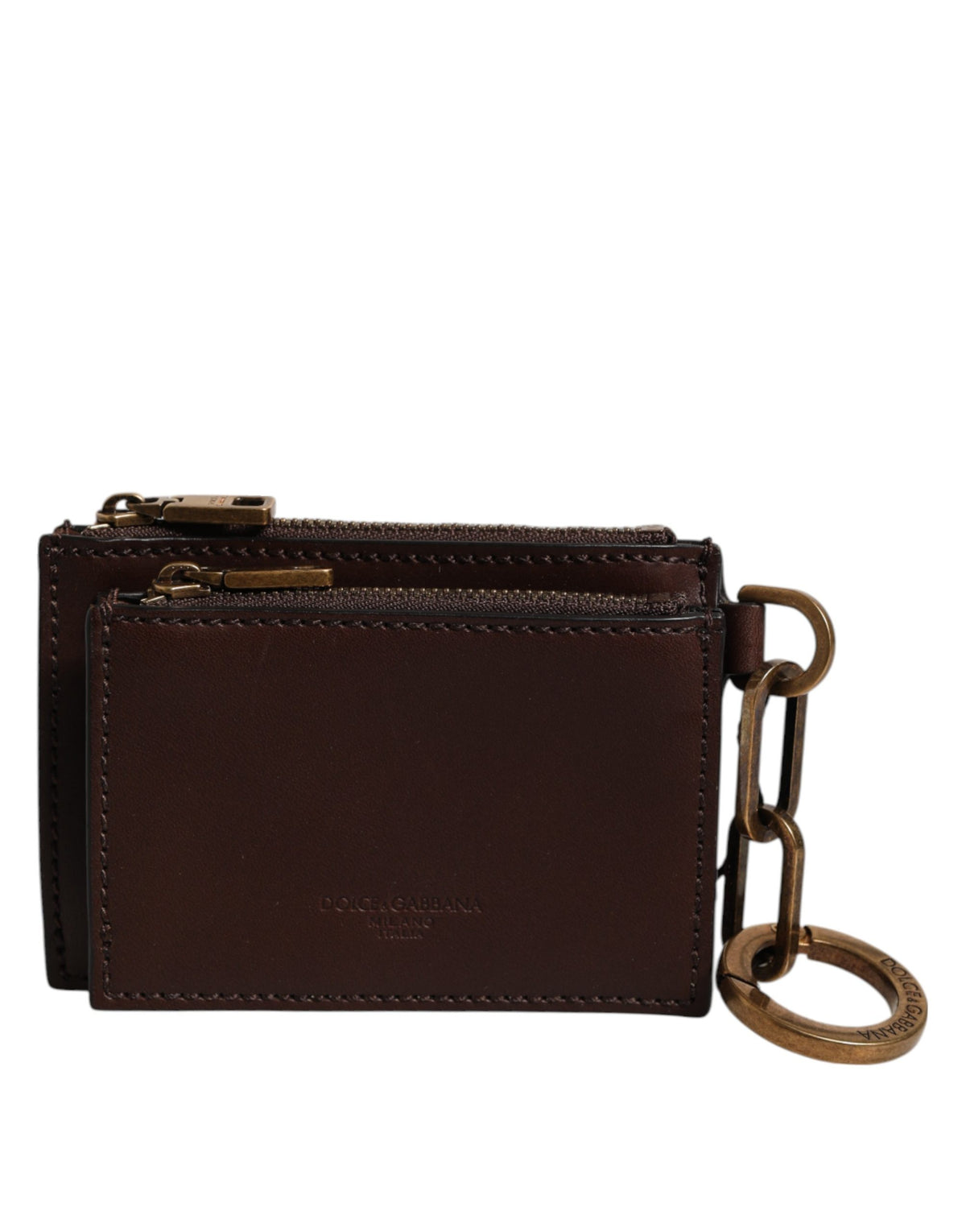 Dolce & Gabbana Brown Leather Logo Embossed Key Chain Coin Purse Women's Wallet
