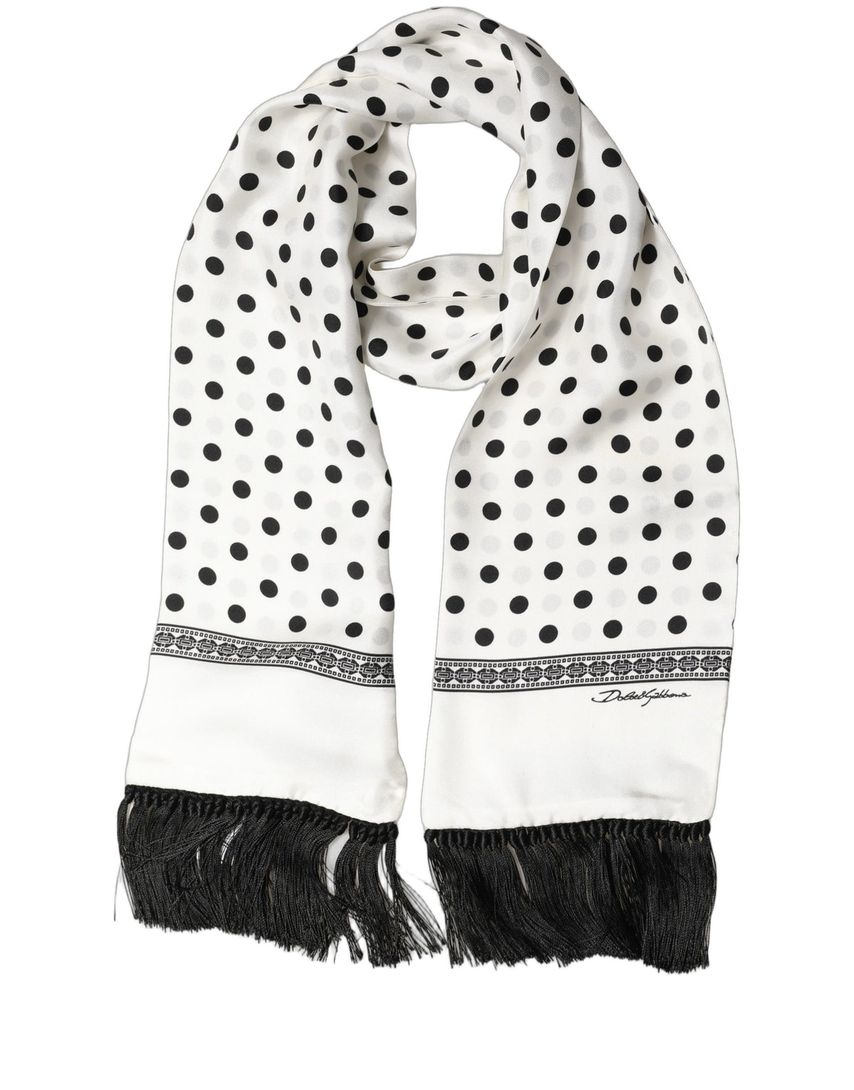 Dolce & Gabbana White Black Polka Dot Fringed Shawl Women's Scarf