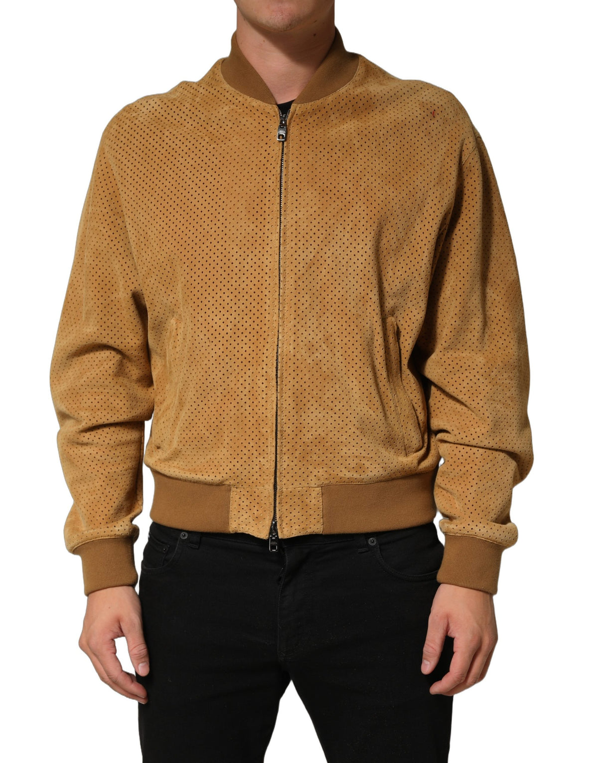 Dolce & Gabbana Beige Leather Perforated Full Zip Men Men's Jacket (Pre-Owned)