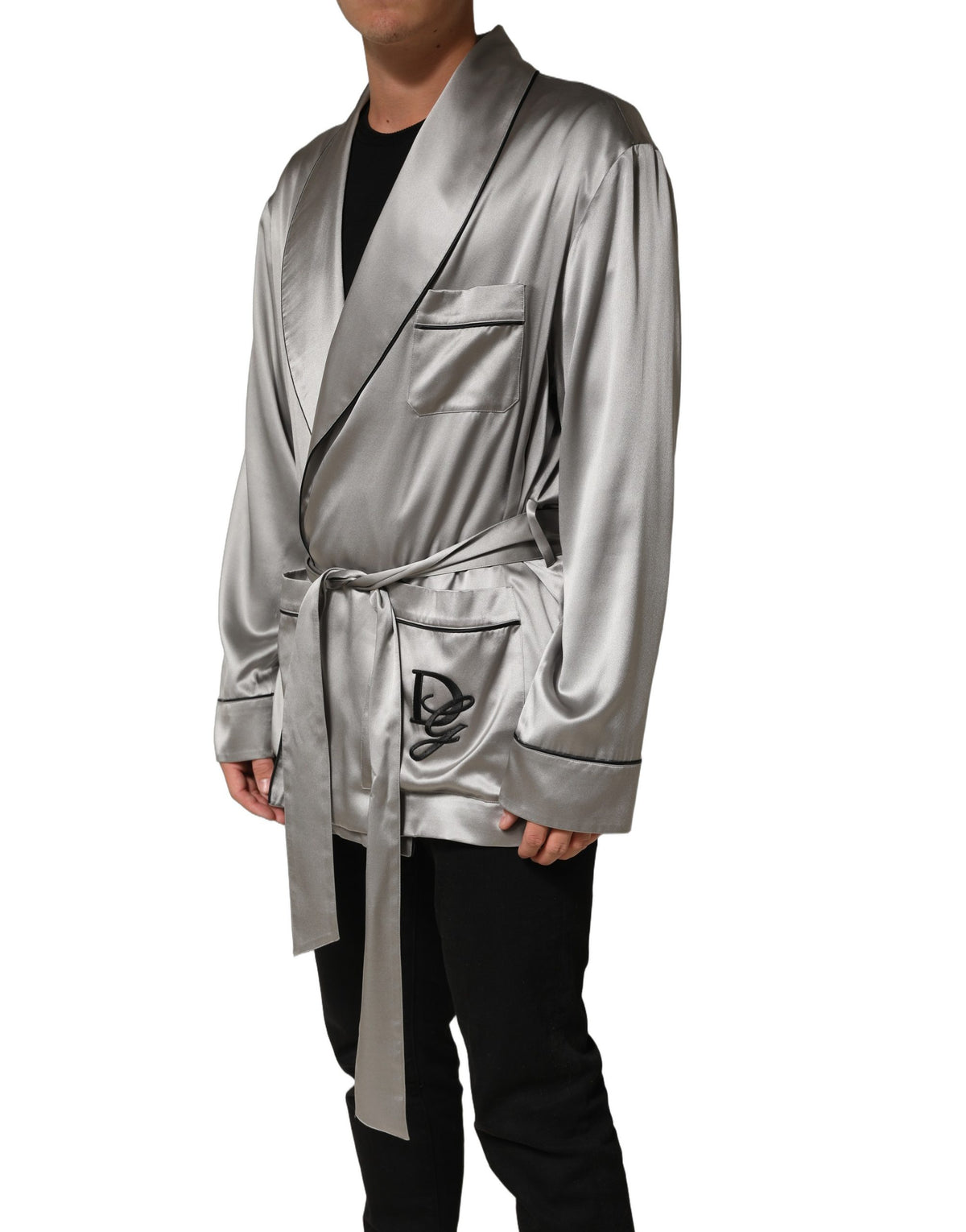Dolce & Gabbana Gray Silk Satin Robe Embroidered Men's Jacket (Pre-Owned)