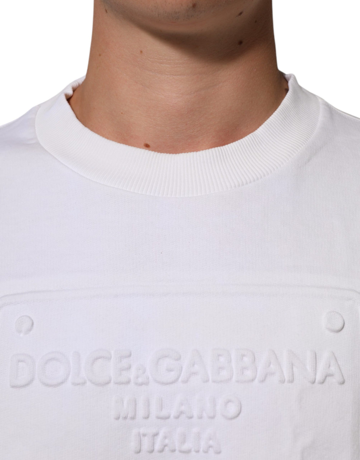 Dolce & Gabbana White Logo Embossed Cotton Sweatshirt Men's Sweater