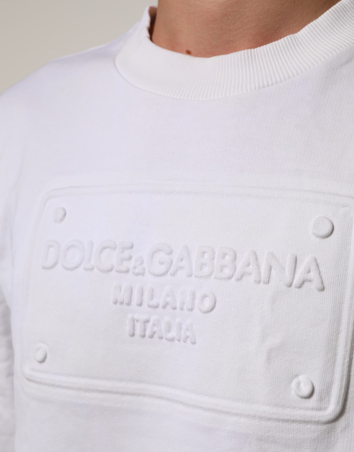 Dolce & Gabbana White Logo Embossed Cotton Sweatshirt Men's Sweater