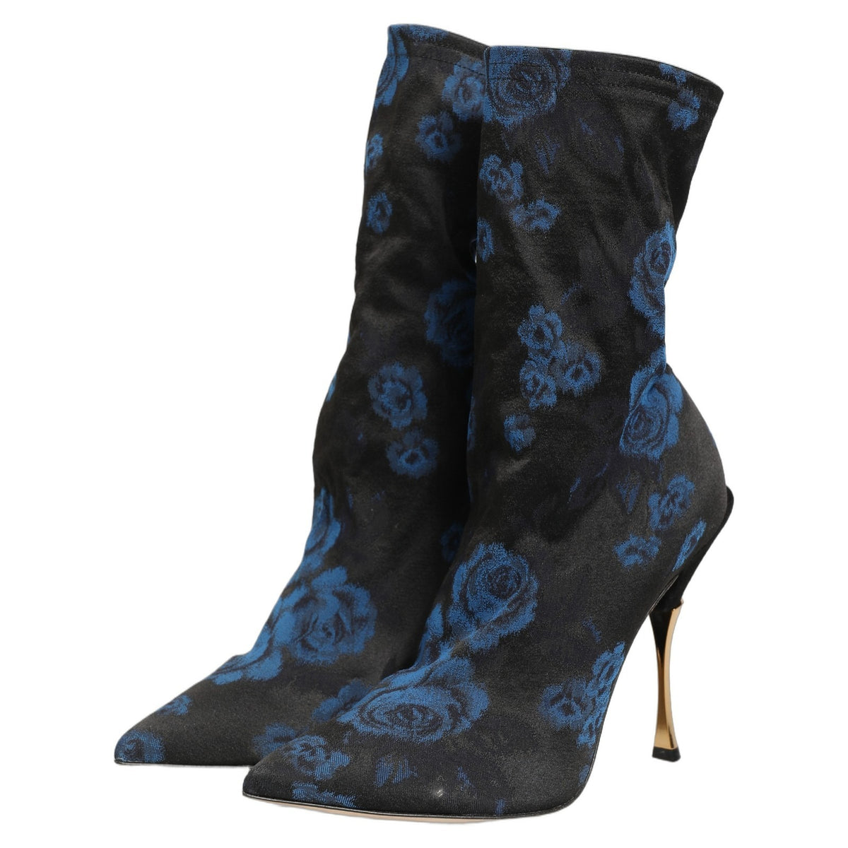 Dolce & Gabbana Black Blue Floral Stretch Sock Boots Women's Shoes