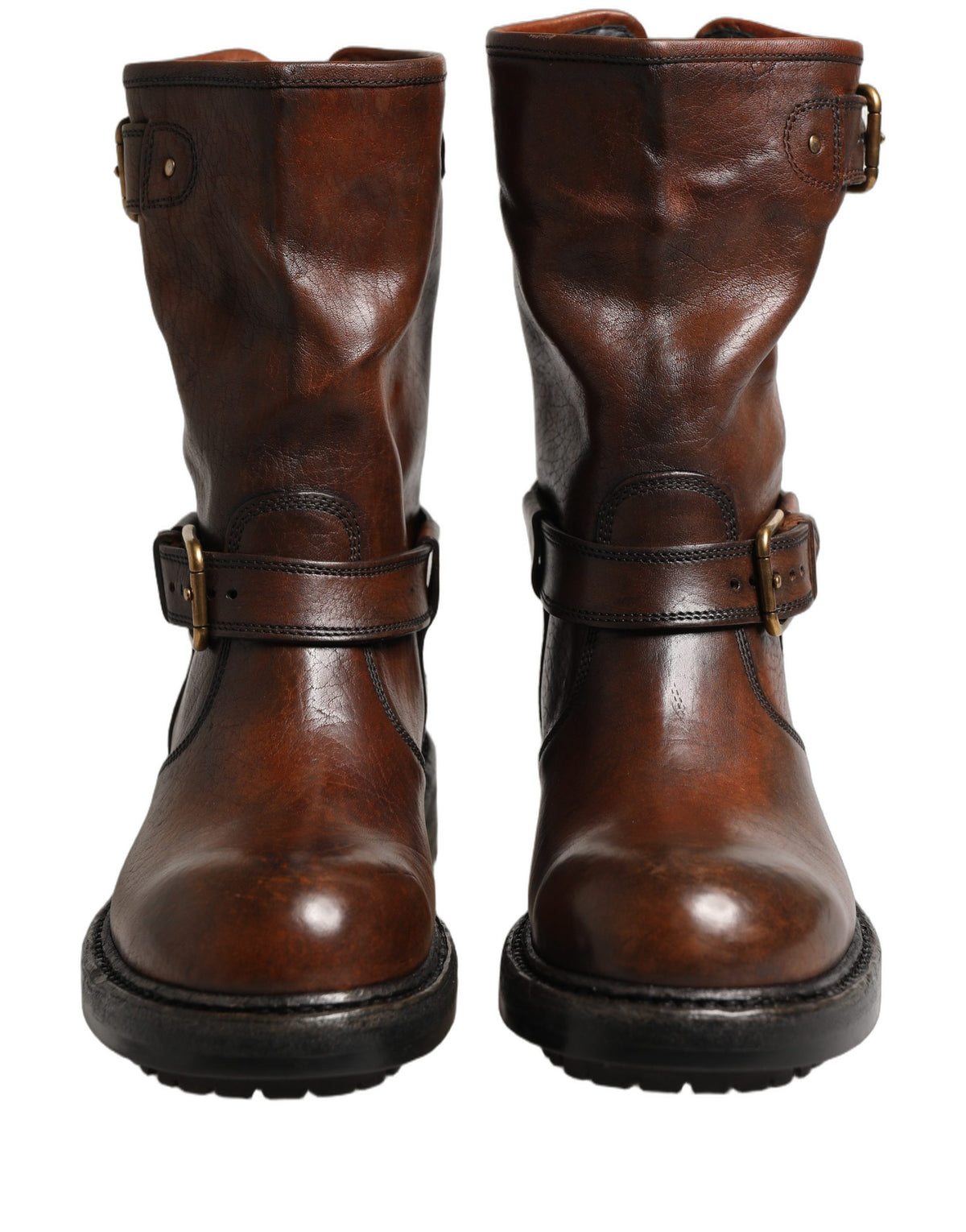 Dolce & Gabbana Brown Leather Mid Calf Biker Boots Men's Shoes