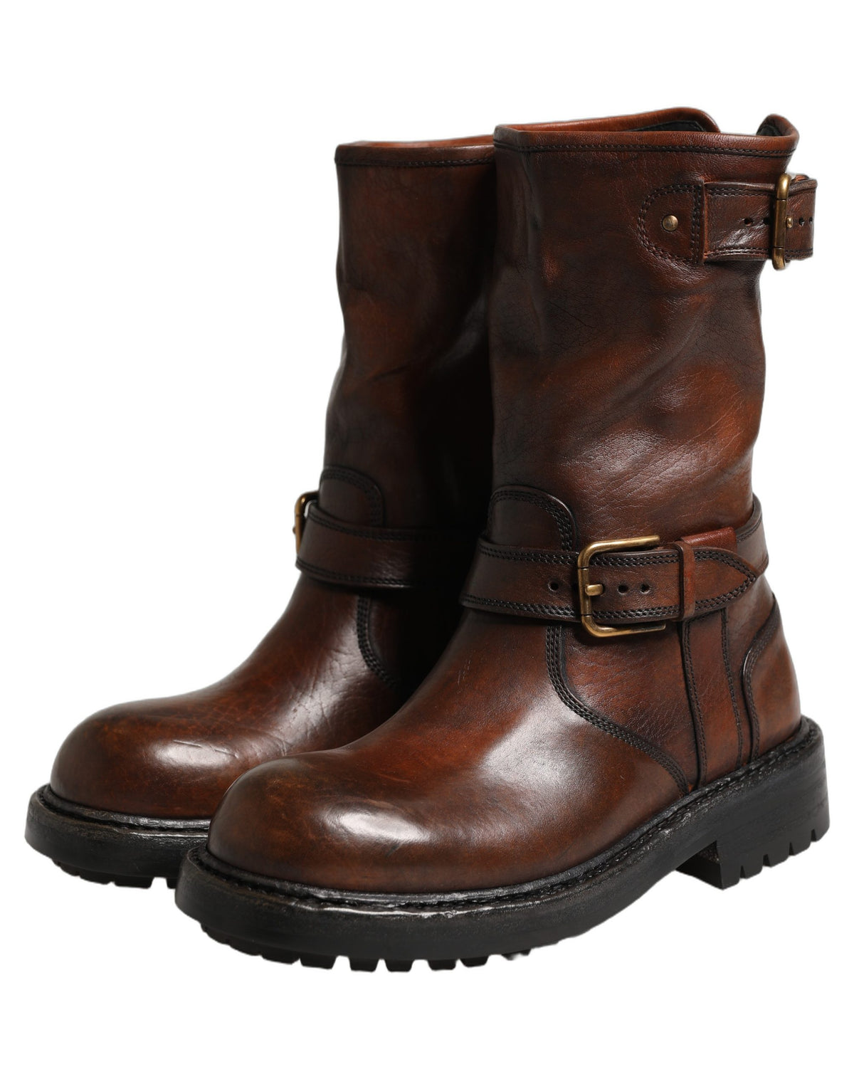 Dolce & Gabbana Brown Leather Mid Calf Biker Boots Men's Shoes