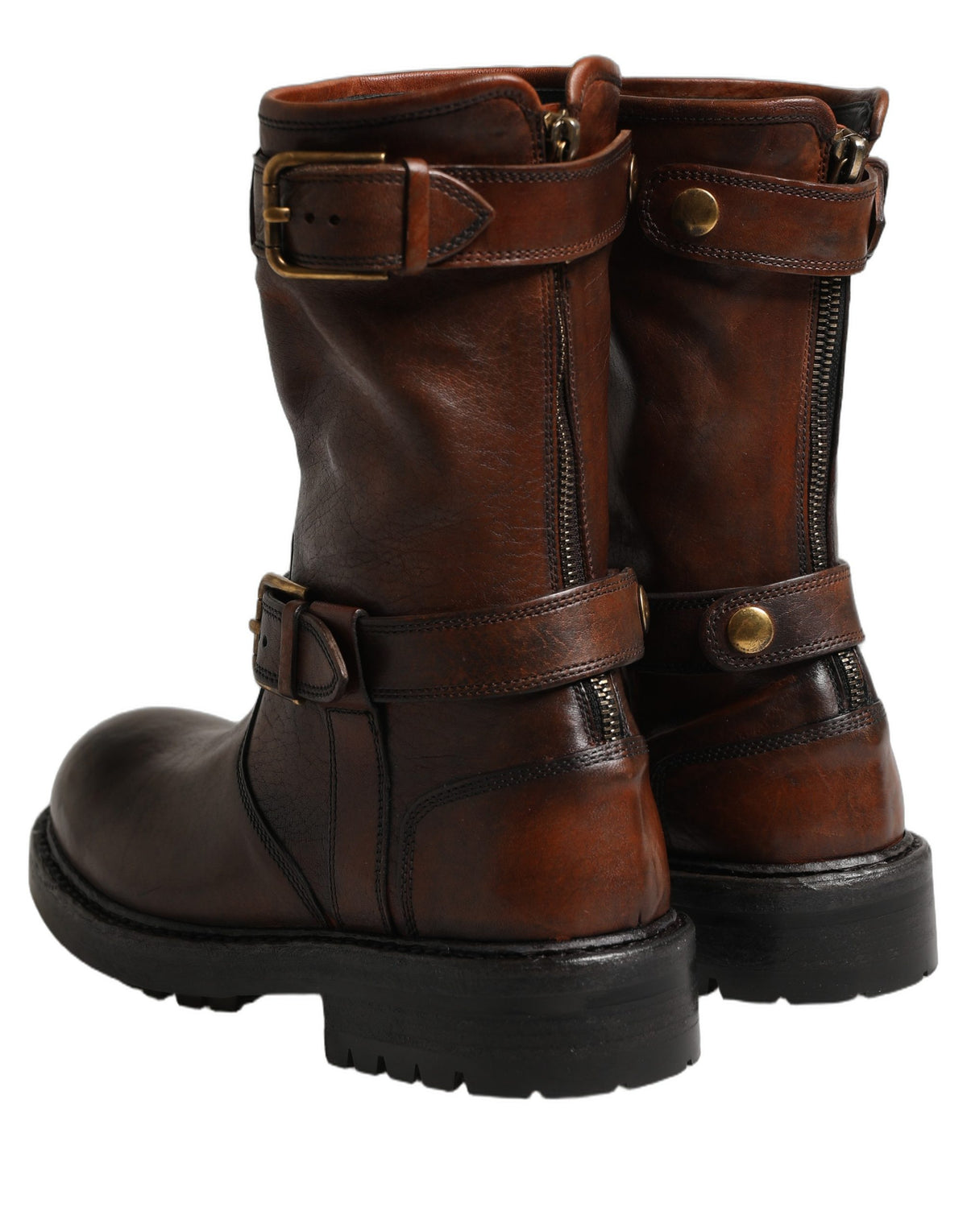 Dolce & Gabbana Brown Leather Mid Calf Biker Boots Men's Shoes