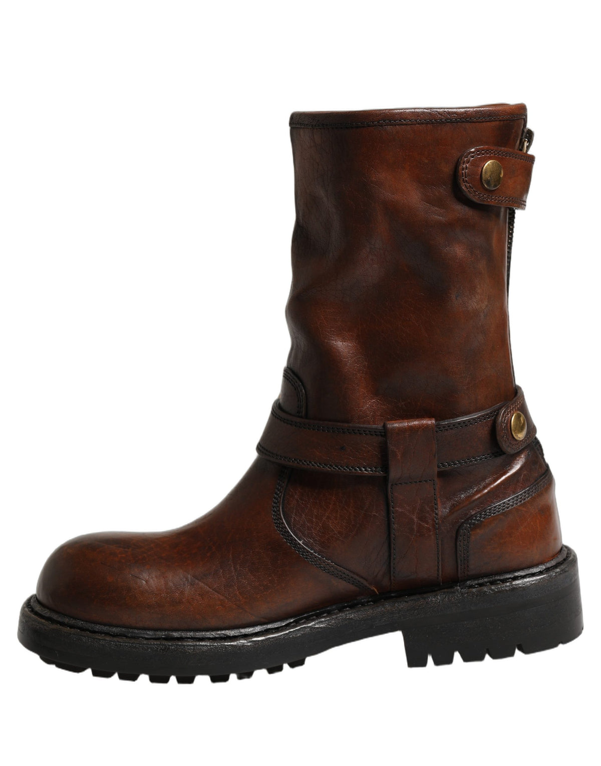 Dolce & Gabbana Brown Leather Mid Calf Biker Boots Men's Shoes