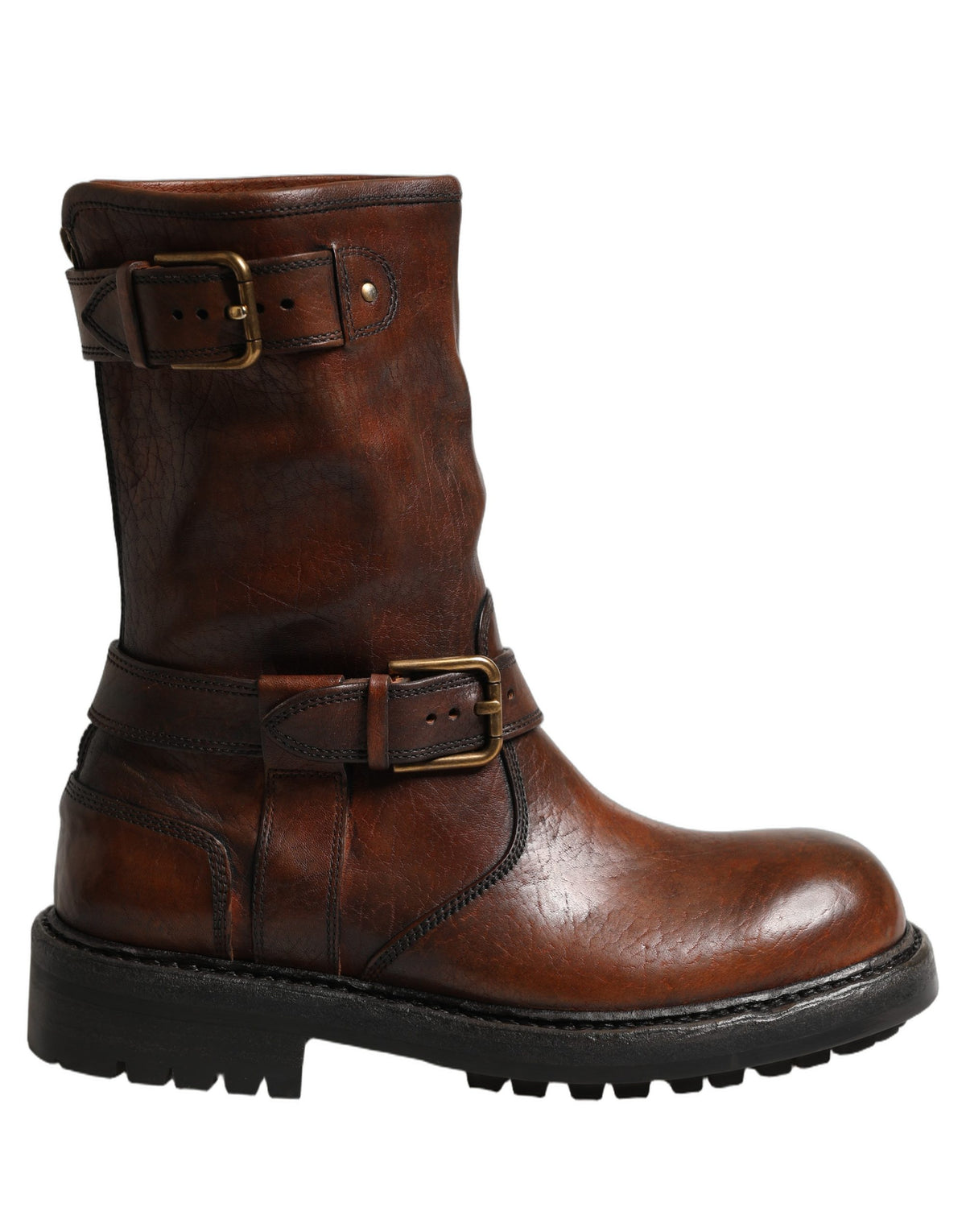 Dolce & Gabbana Brown Leather Mid Calf Biker Boots Men's Shoes