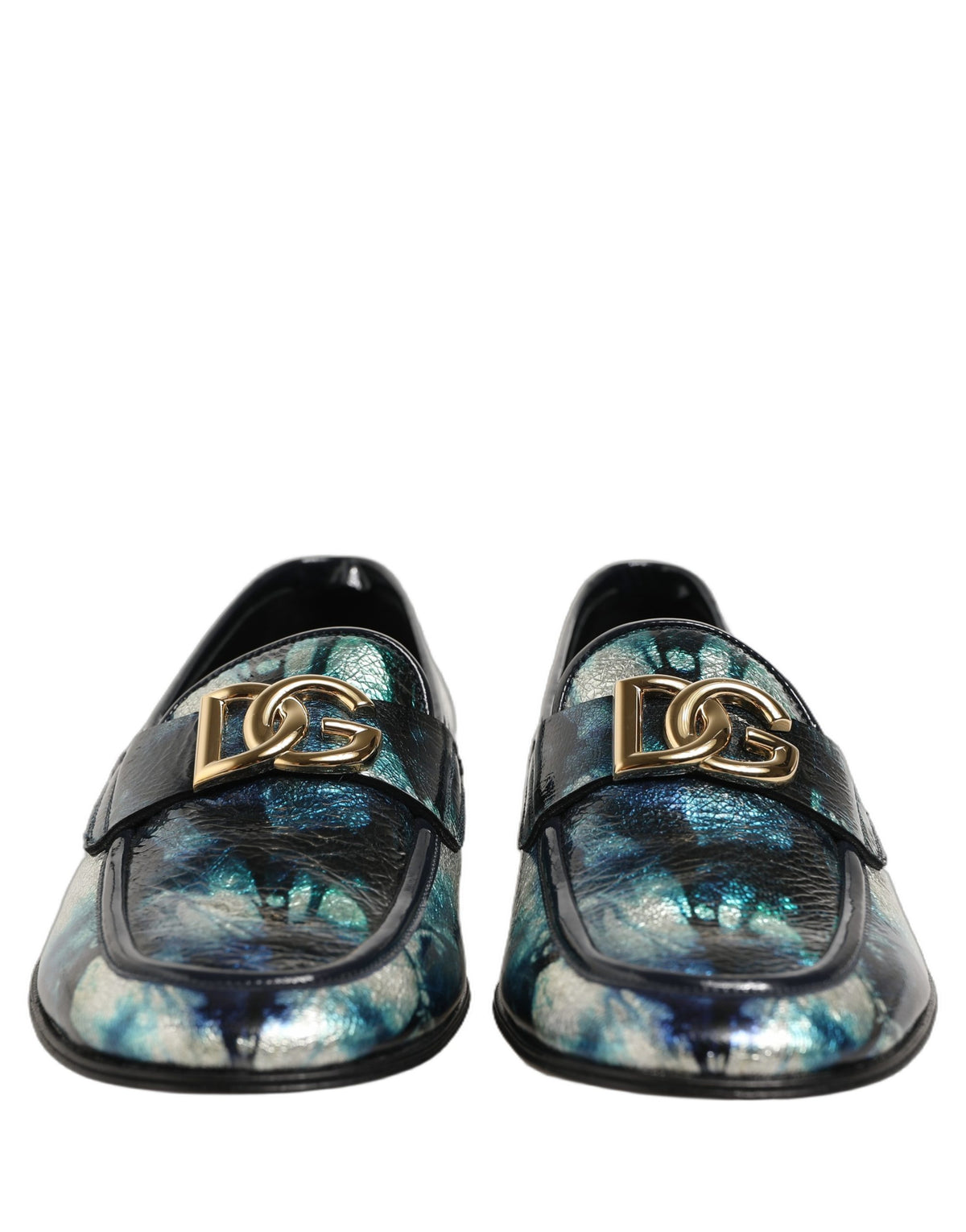 Dolce & Gabbana Metallic Blue Silver Leather DG Loafers Men's Shoes