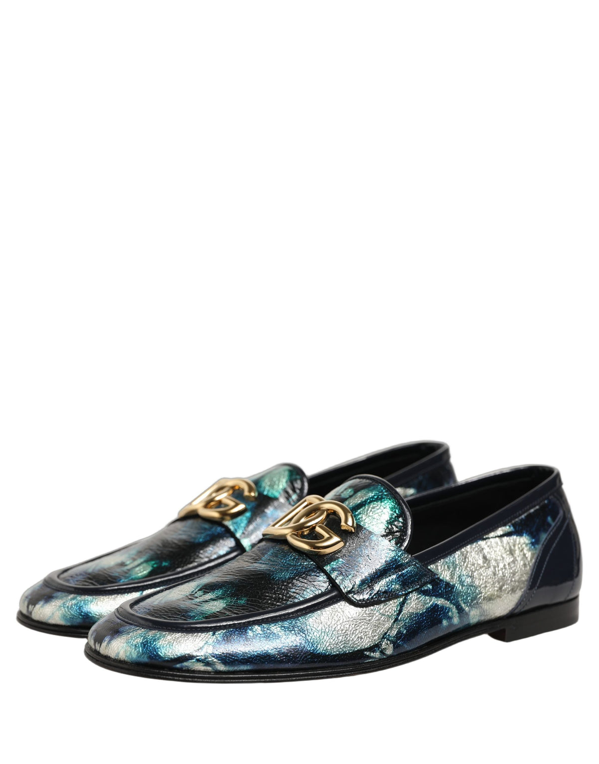 Dolce & Gabbana Metallic Blue Silver Leather DG Loafers Men's Shoes