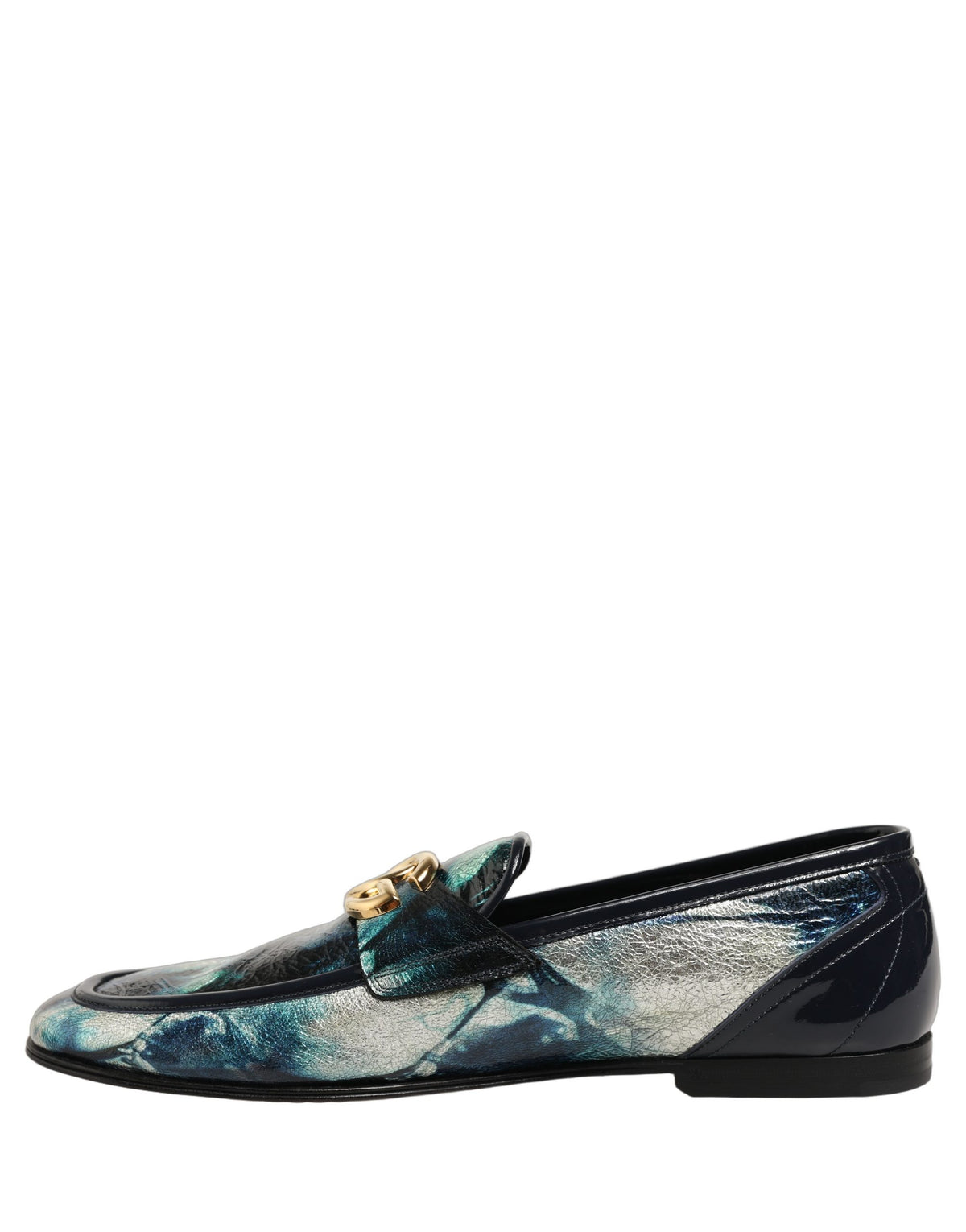 Dolce & Gabbana Metallic Blue Silver Leather DG Loafers Men's Shoes