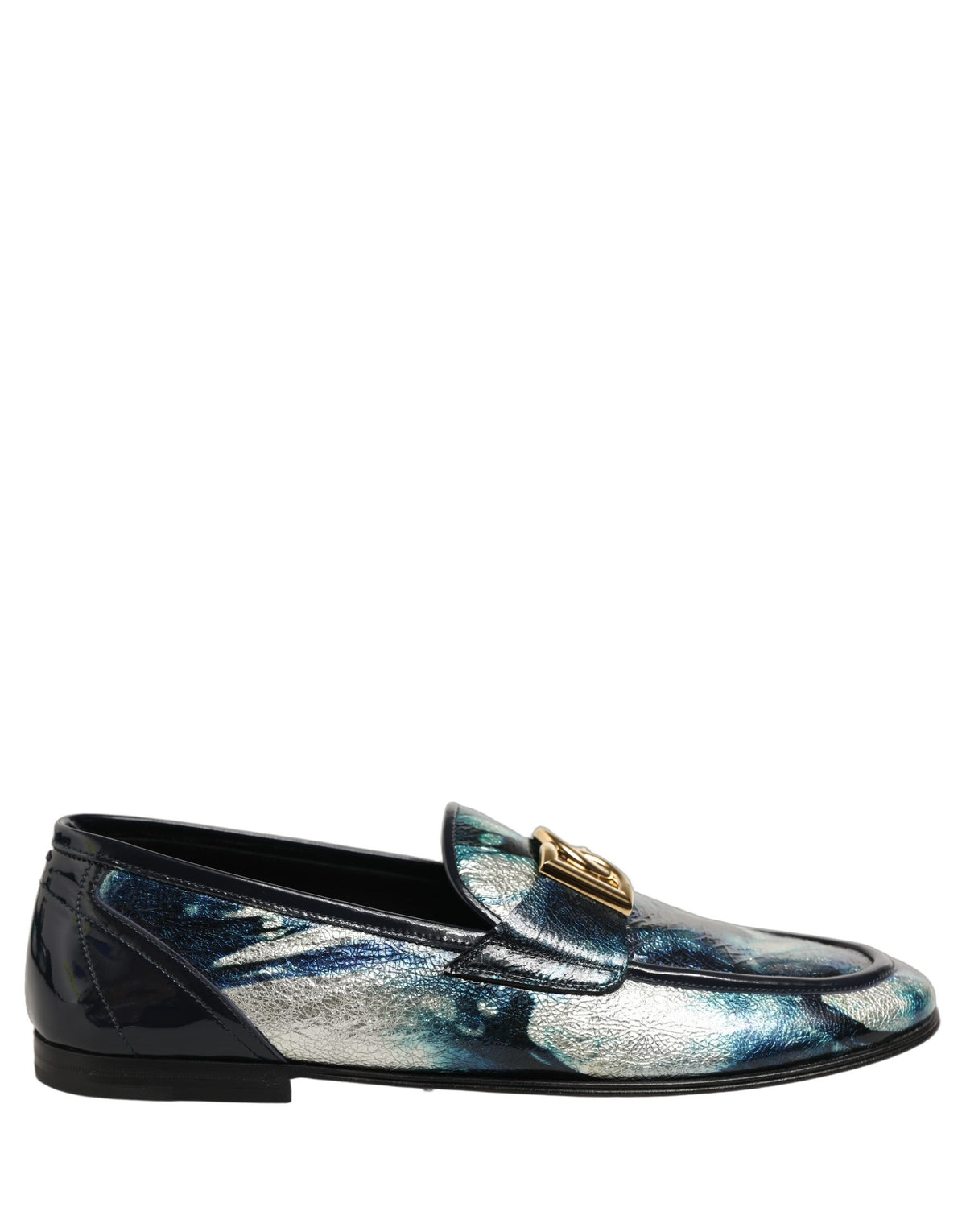 Dolce & Gabbana Metallic Blue Silver Leather DG Loafers Men's Shoes