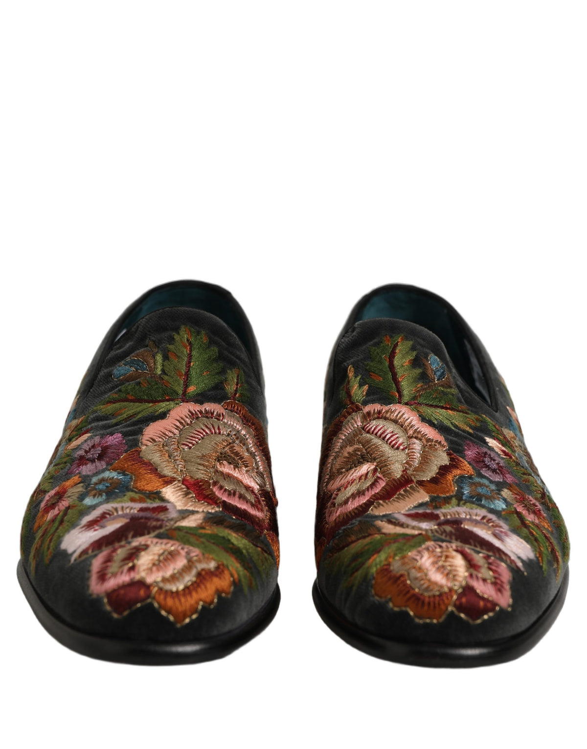 Dolce & Gabbana Black Velvet Floral Embroidery Loafers Men's Shoes