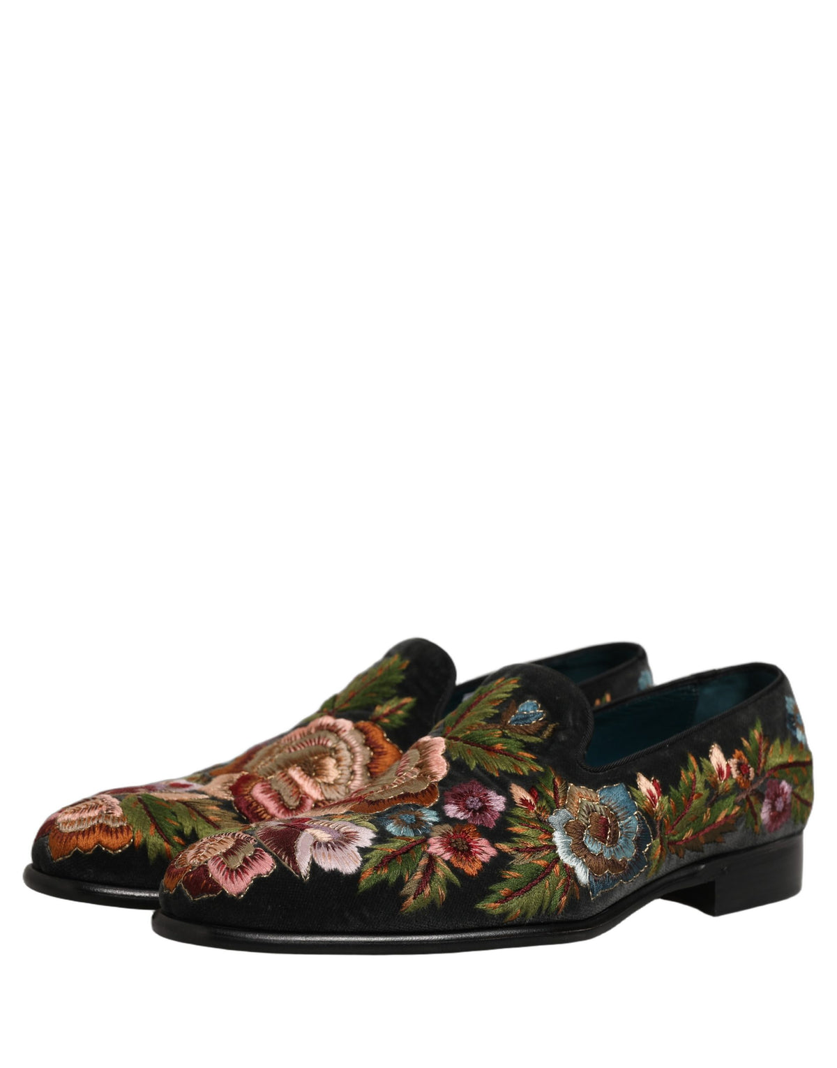 Dolce & Gabbana Black Velvet Floral Embroidery Loafers Men's Shoes