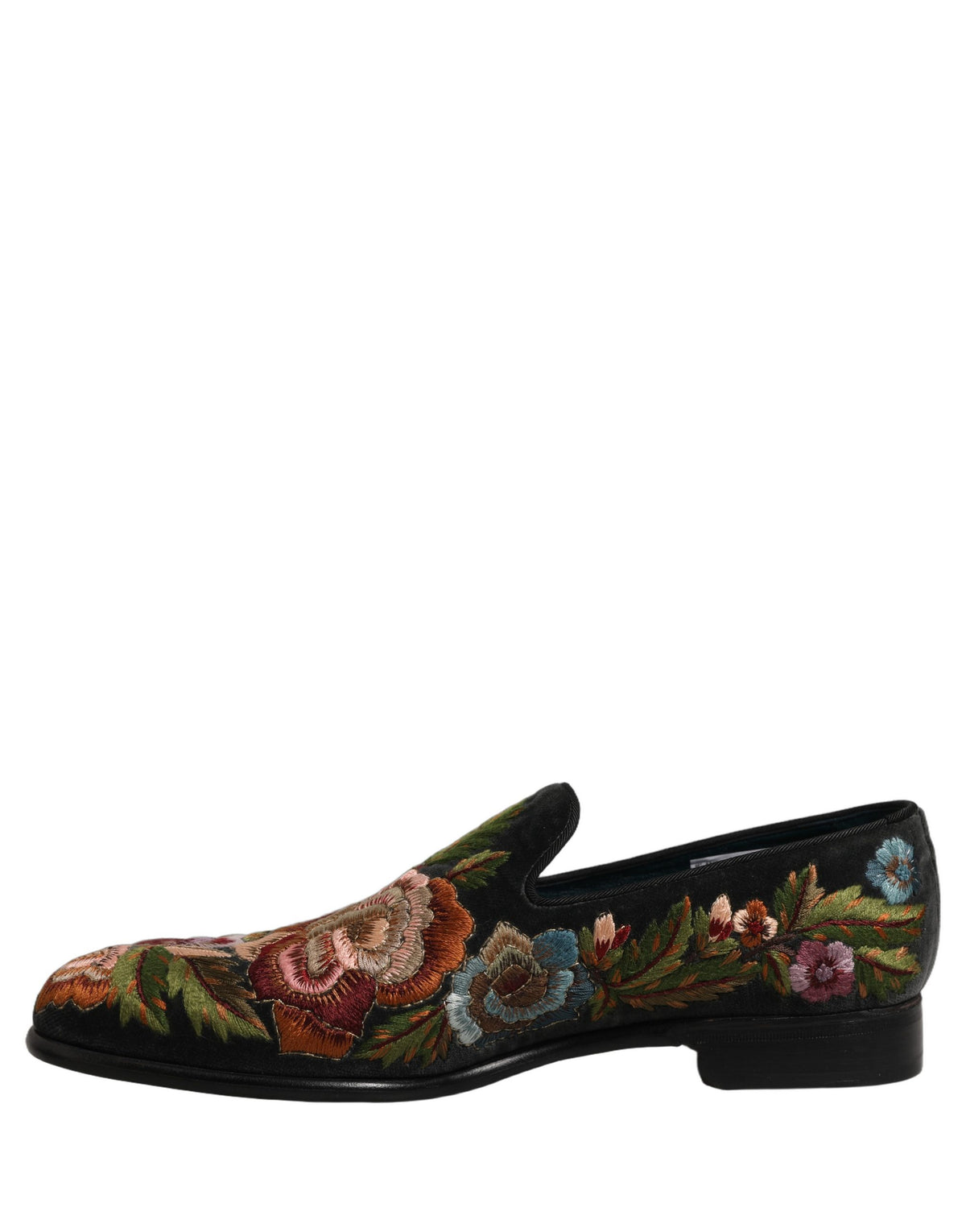 Dolce & Gabbana Black Velvet Floral Embroidery Loafers Men's Shoes