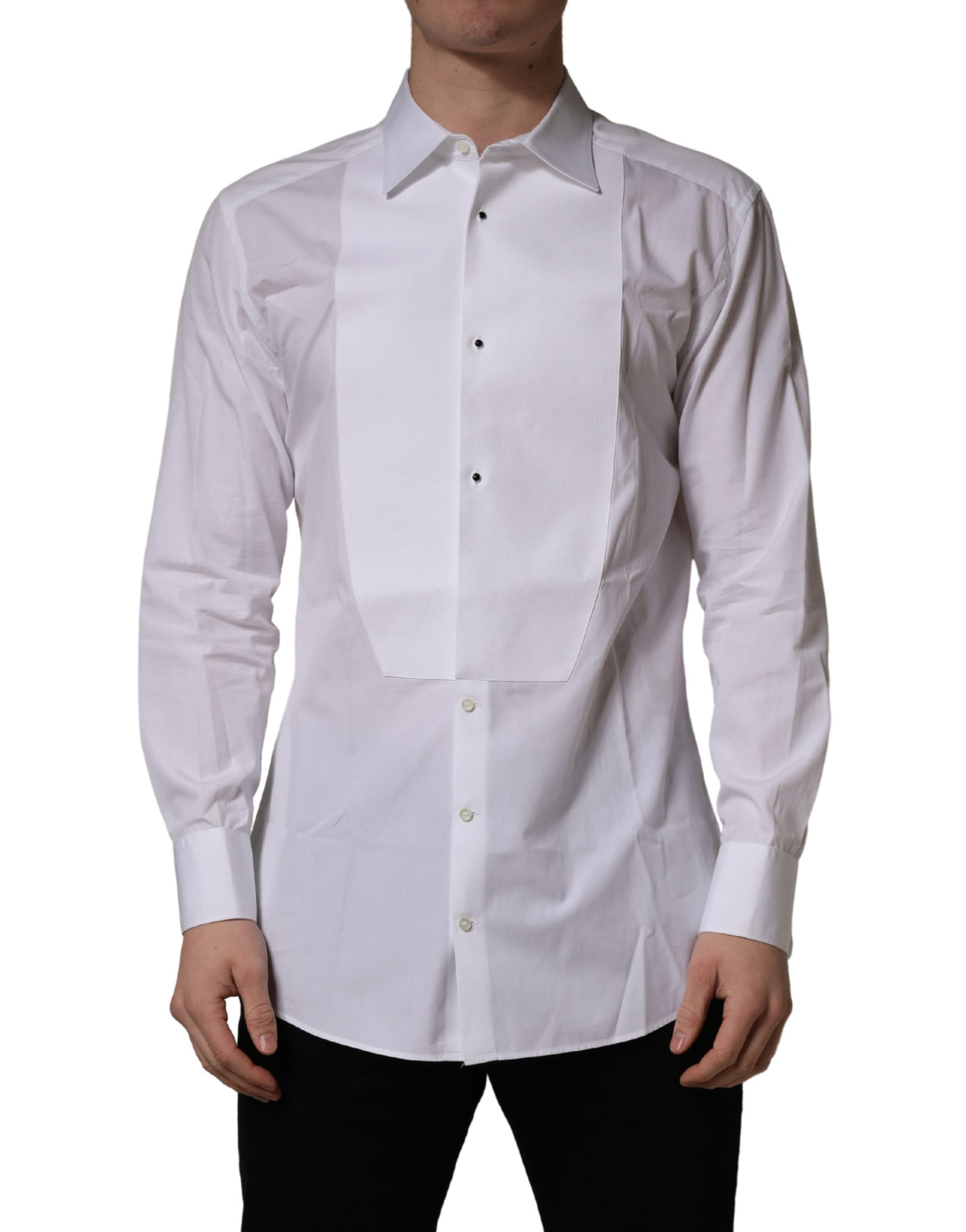 Dolce & Gabbana White Cotton Collared Bib GOLD Dress Men's Shirt