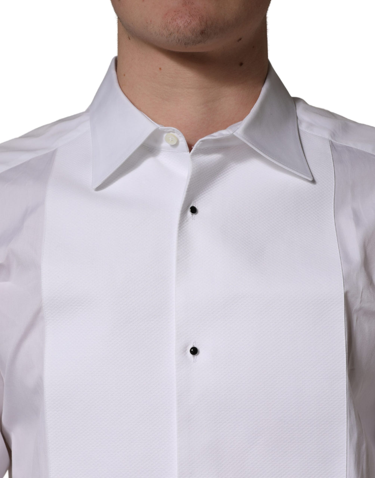 Dolce & Gabbana White Cotton Collared Bib GOLD Dress Men's Shirt