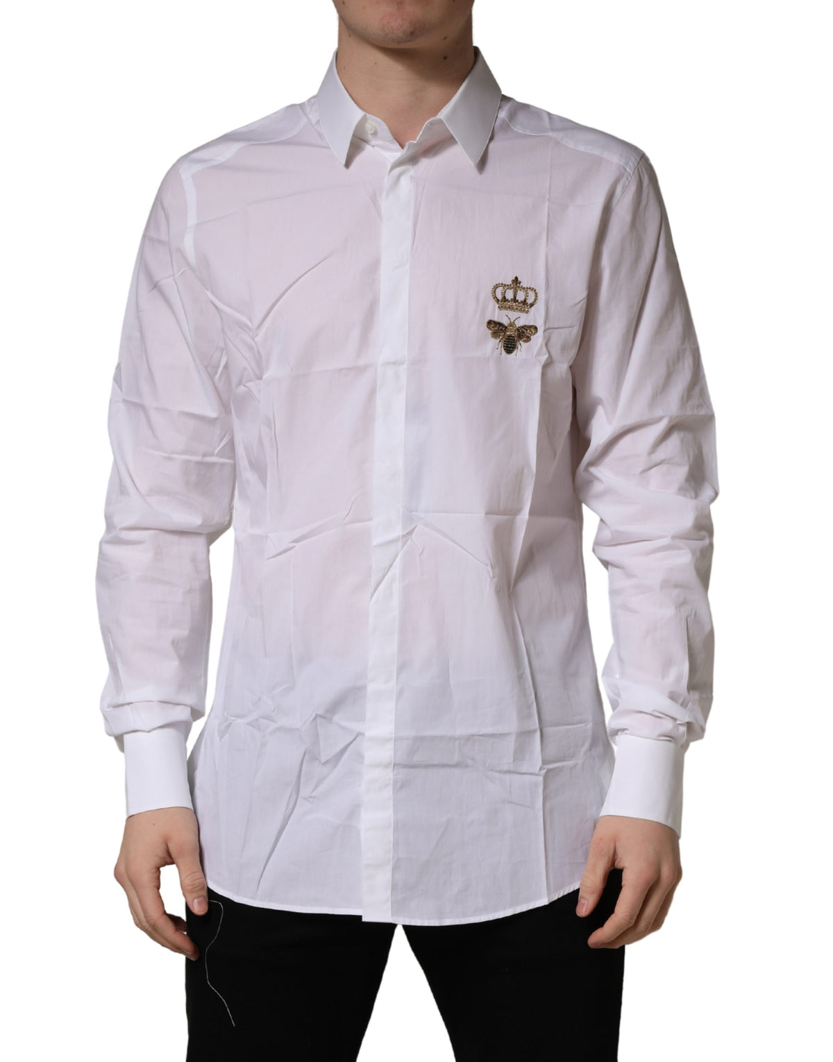 Dolce & Gabbana White GOLD Crown Bee Cotton Formal Dress Men's Shirt (Pre-Owned)