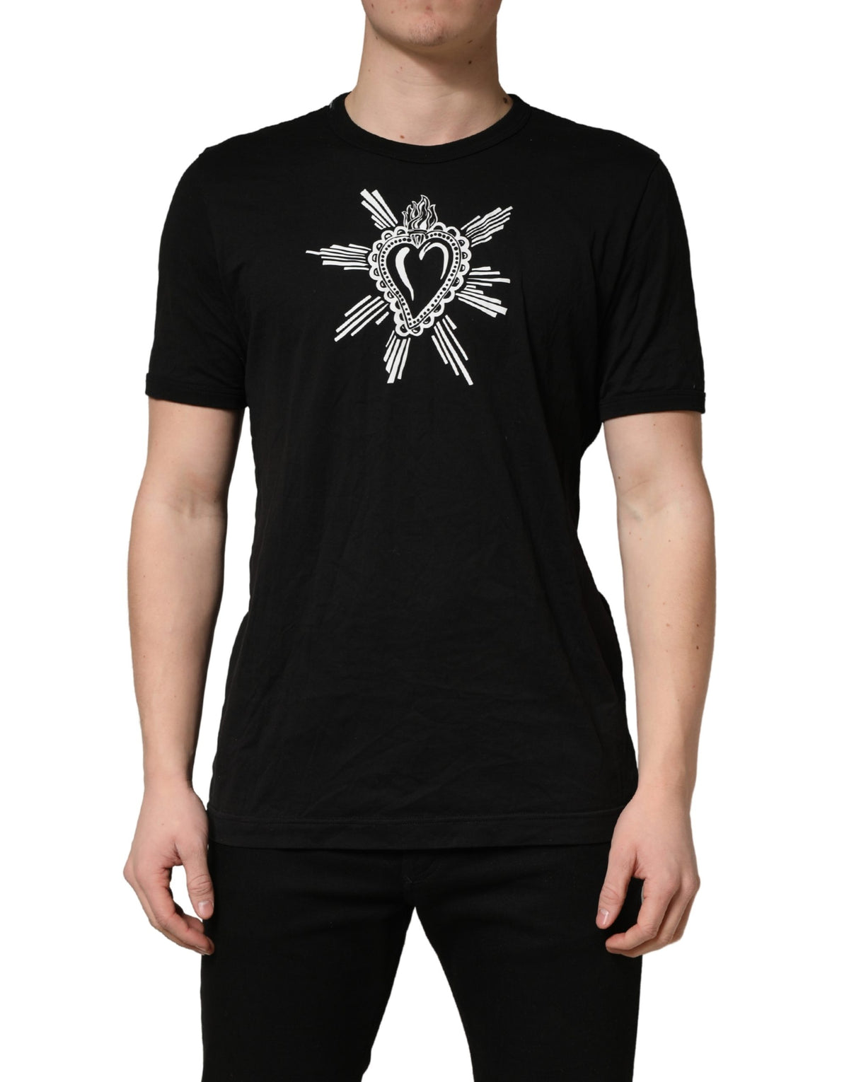 Dolce & Gabbana Black Sacred Heart Cotton Crew Neck Men's T-shirt (Pre-Owned)