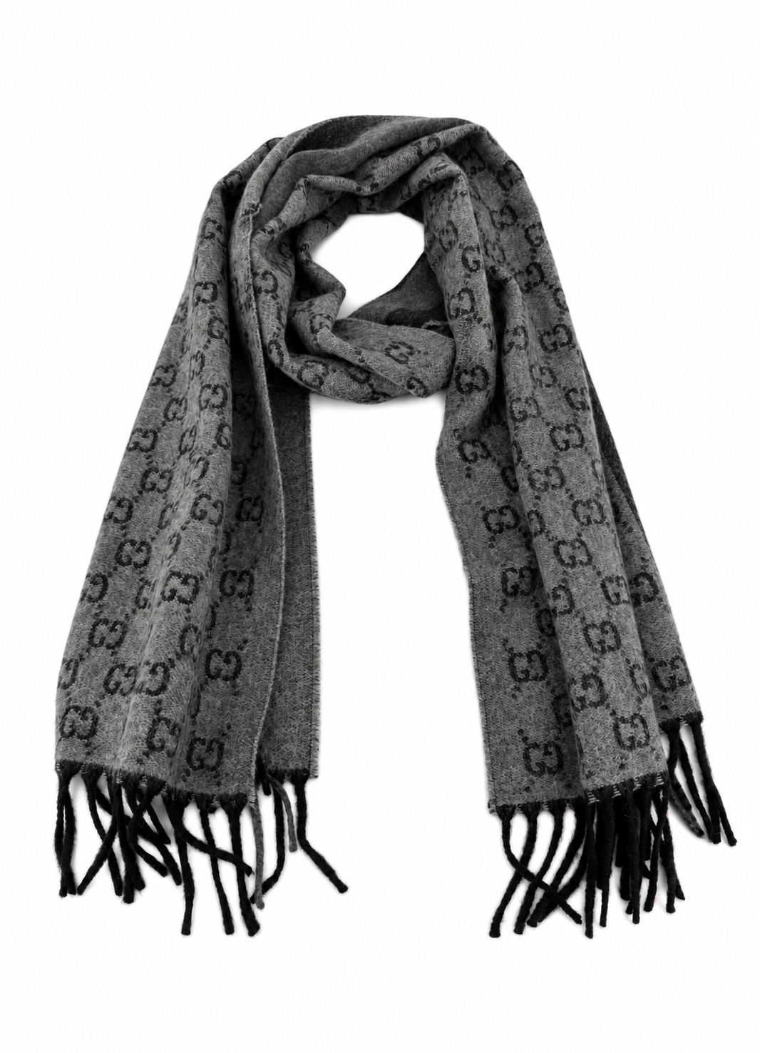 Gucci Monogram Grey Wool Scarf with  Fringe