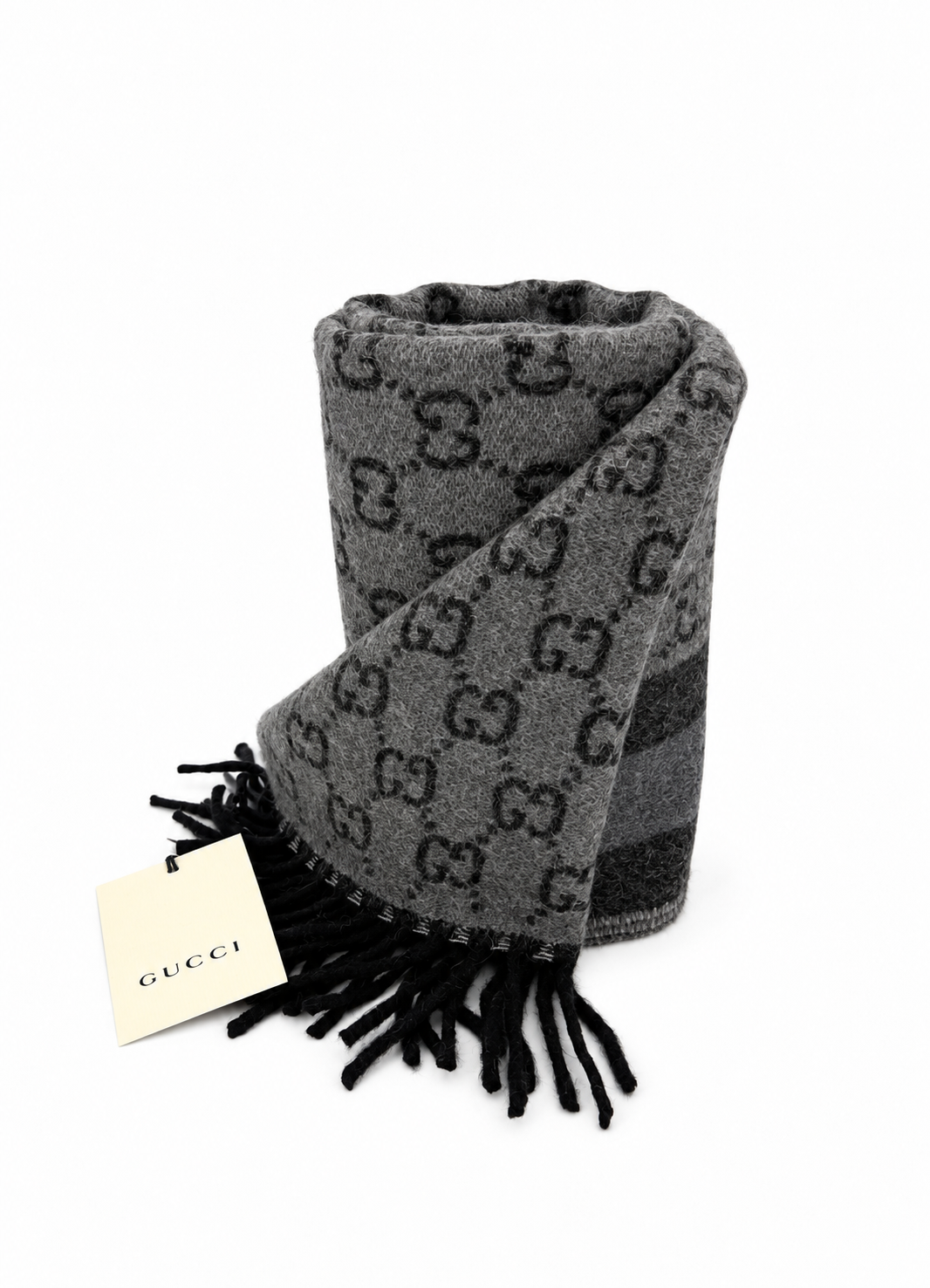 Gucci Monogram Grey Wool Scarf with  Fringe