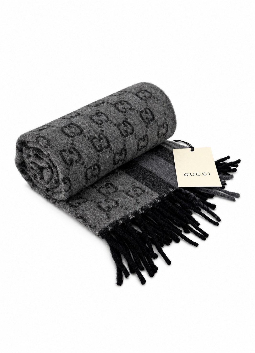 Gucci Monogram Grey Wool Scarf with  Fringe