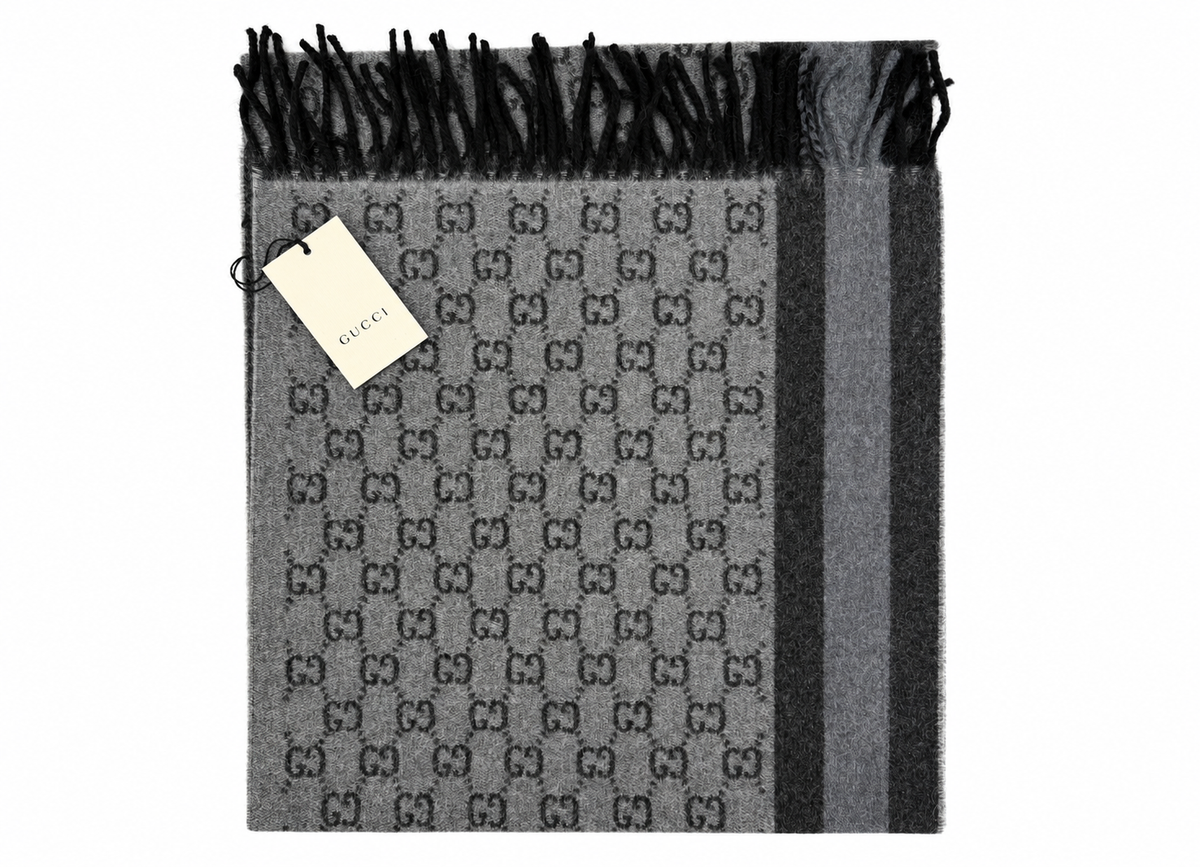 Gucci Monogram Grey Wool Scarf with  Fringe