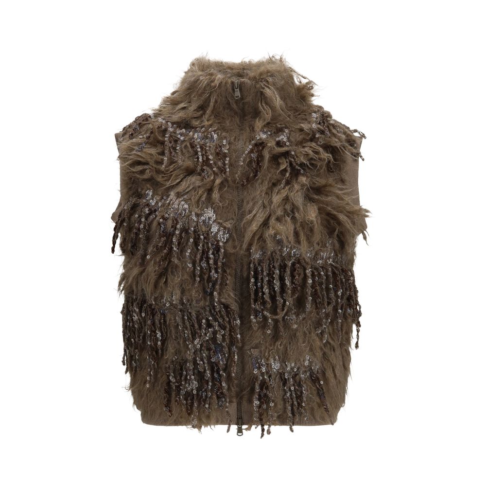 Brunello Cucinelli Beige Mohair Sleeveles Women's Sweater