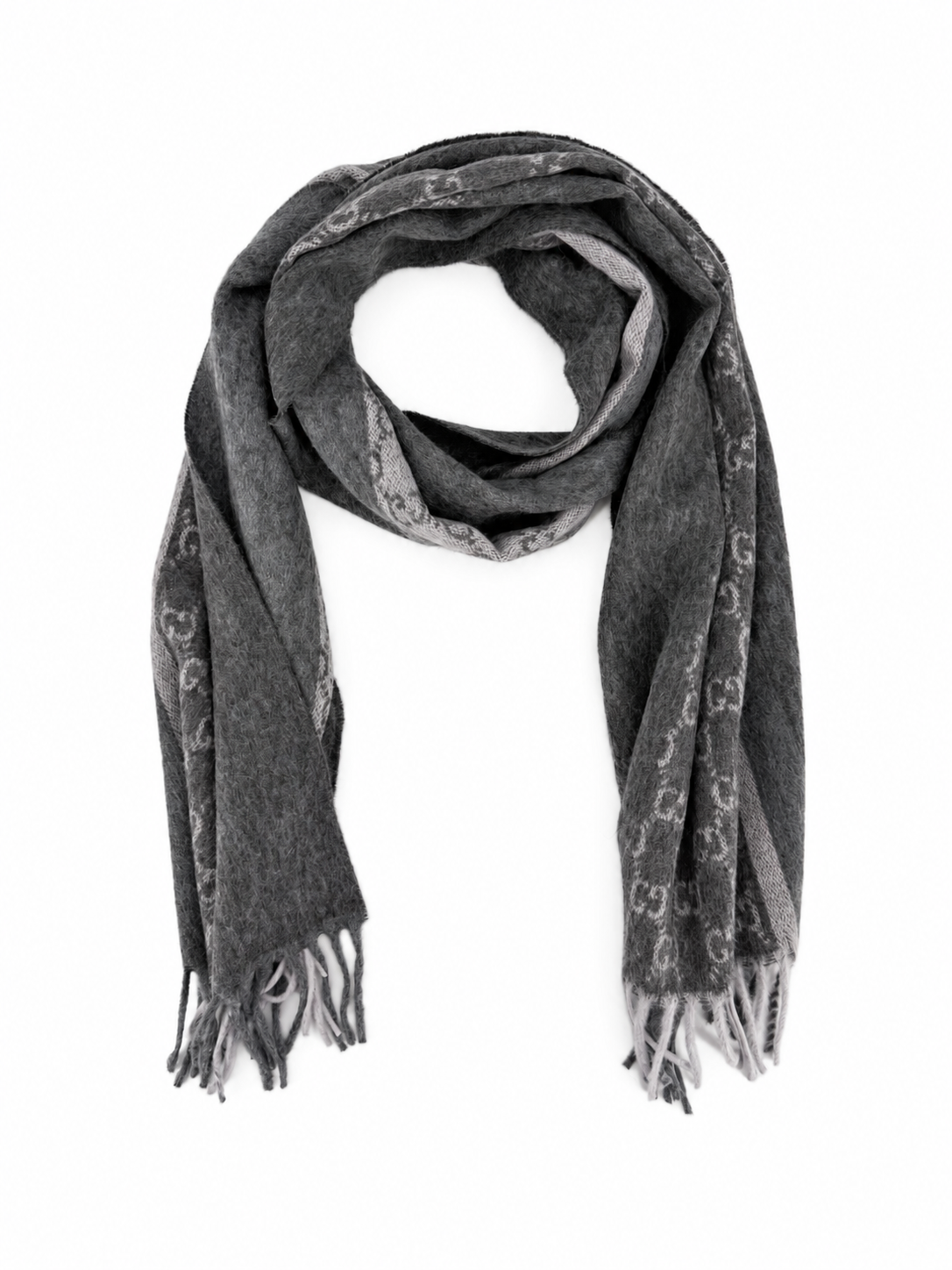 Gucci Monogram Charcoal Grey Cashmere & Wool Scarf with  Fringe