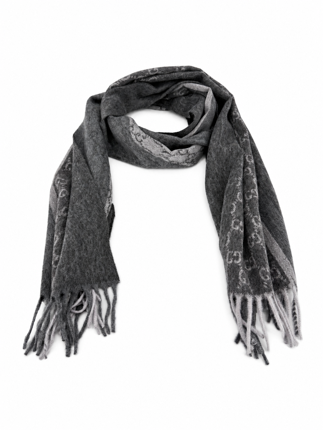 Gucci Monogram Charcoal Grey Cashmere & Wool Scarf with  Fringe