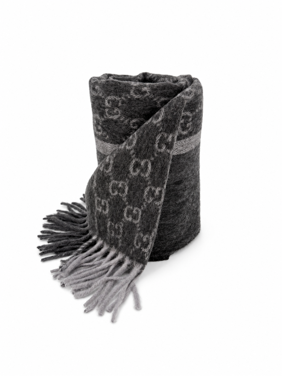 Gucci Monogram Charcoal Grey Cashmere & Wool Scarf with  Fringe