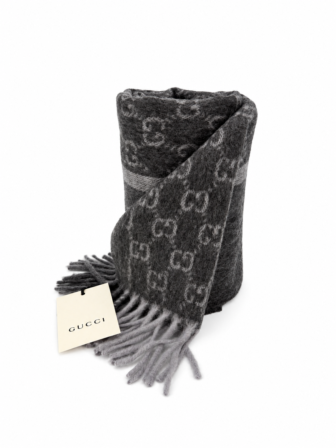 Gucci Monogram Charcoal Grey Cashmere & Wool Scarf with  Fringe