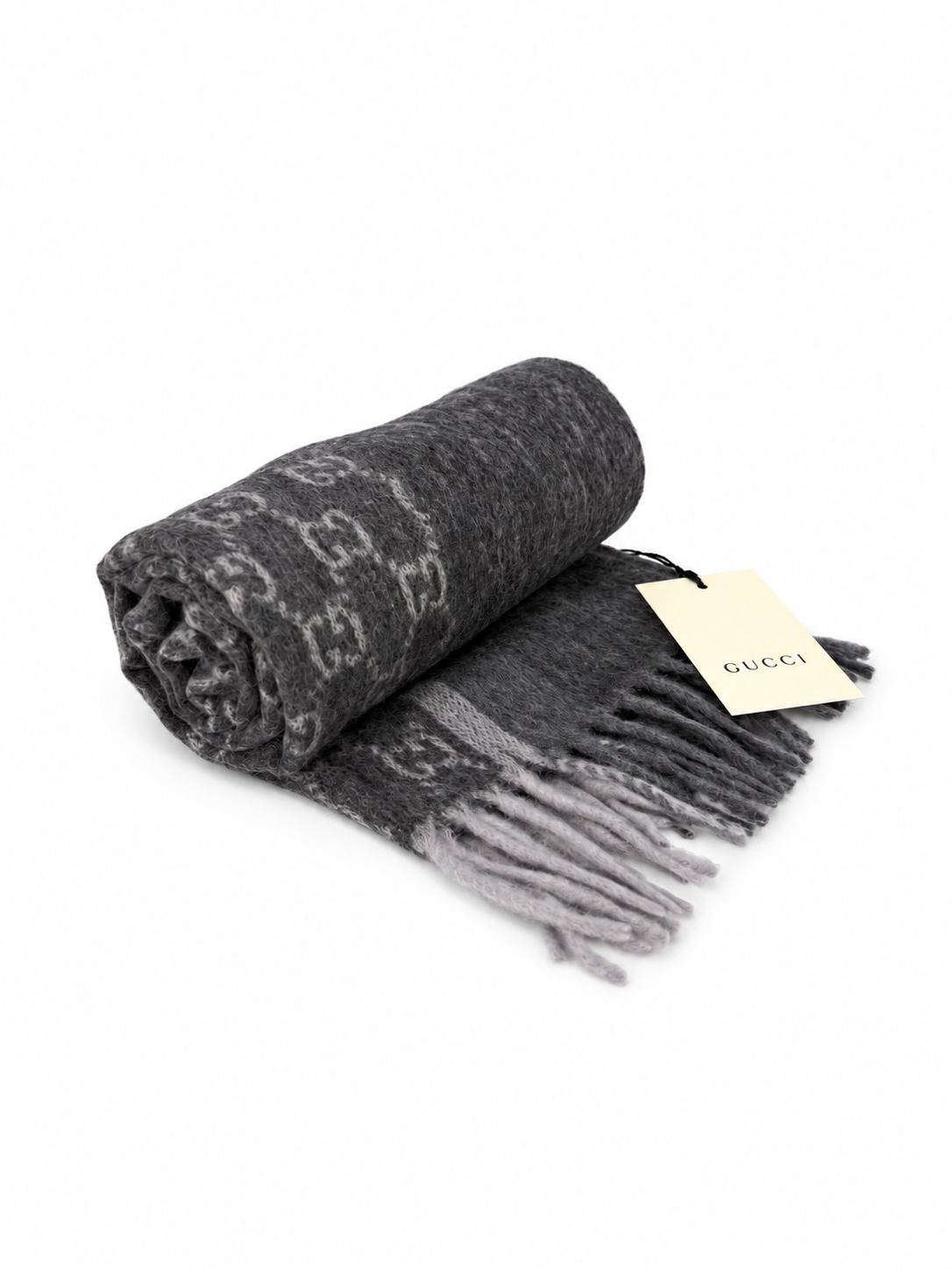 Gucci Monogram Charcoal Grey Cashmere & Wool Scarf with  Fringe