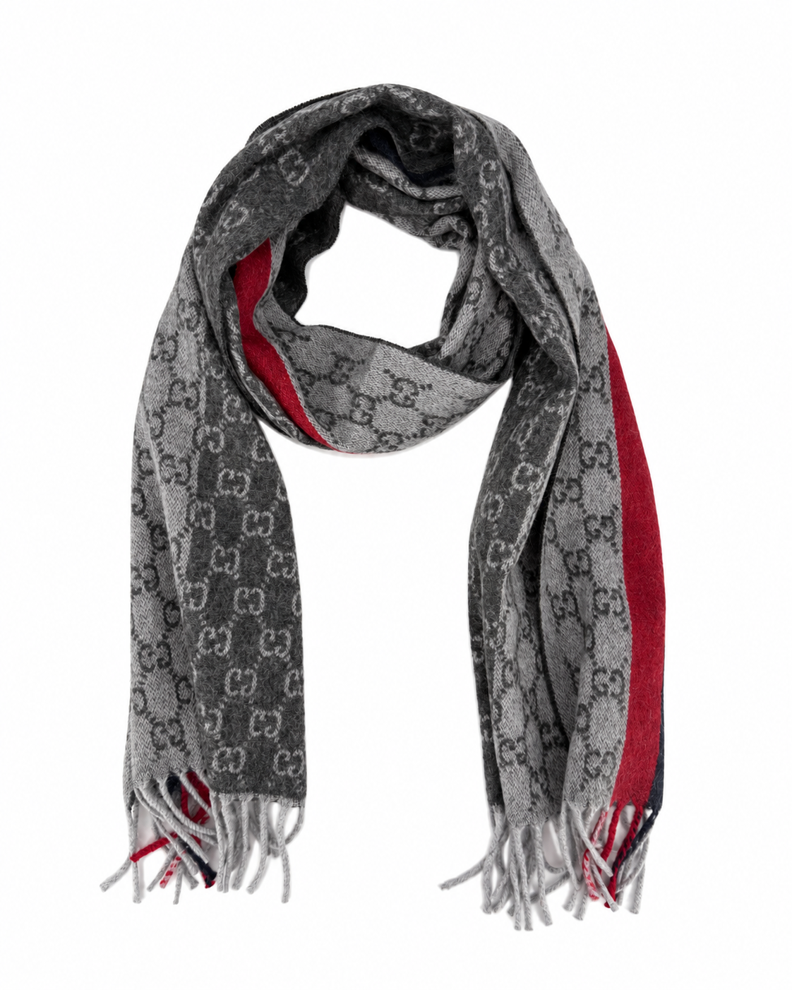 Gucci Monogram Grey Cashmere & Wool Scarf with Red & Black  Stripe