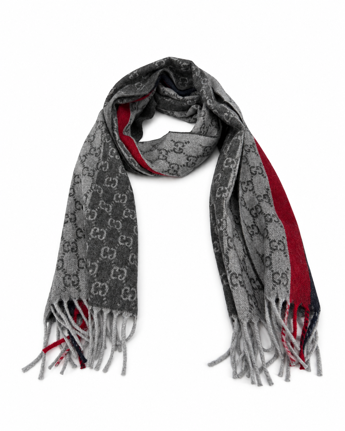 Gucci Monogram Grey Cashmere & Wool Scarf with Red & Black  Stripe