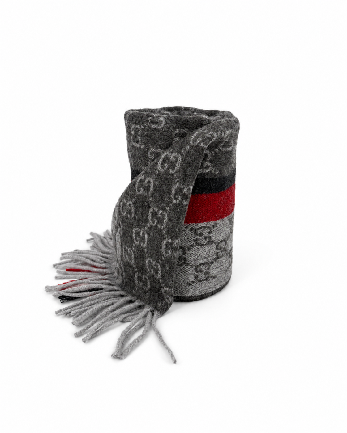 Gucci Monogram Grey Cashmere & Wool Scarf with Red & Black  Stripe