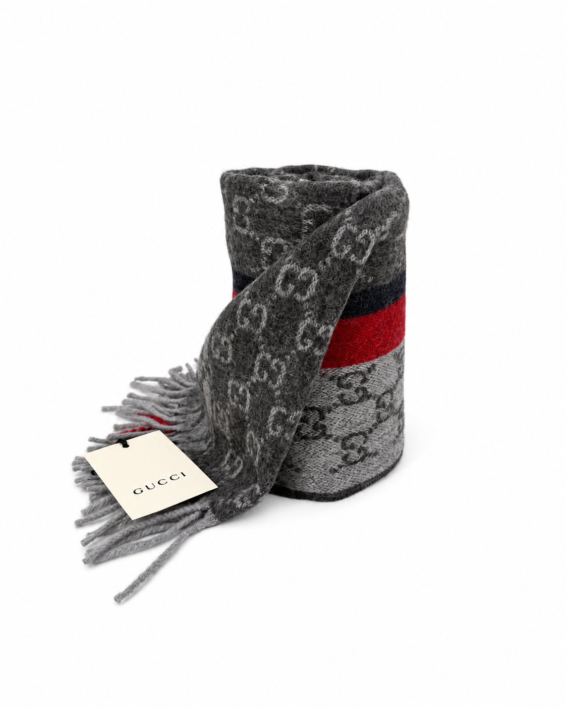Gucci Monogram Grey Cashmere & Wool Scarf with Red & Black  Stripe