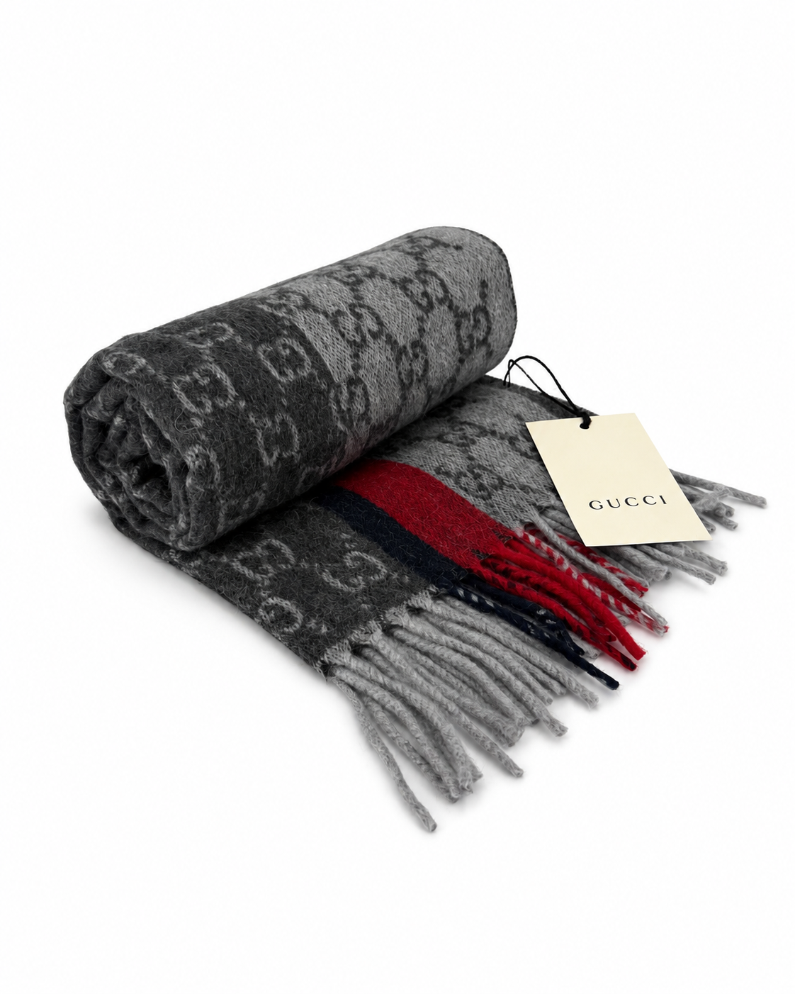Gucci Monogram Grey Cashmere & Wool Scarf with Red & Black  Stripe